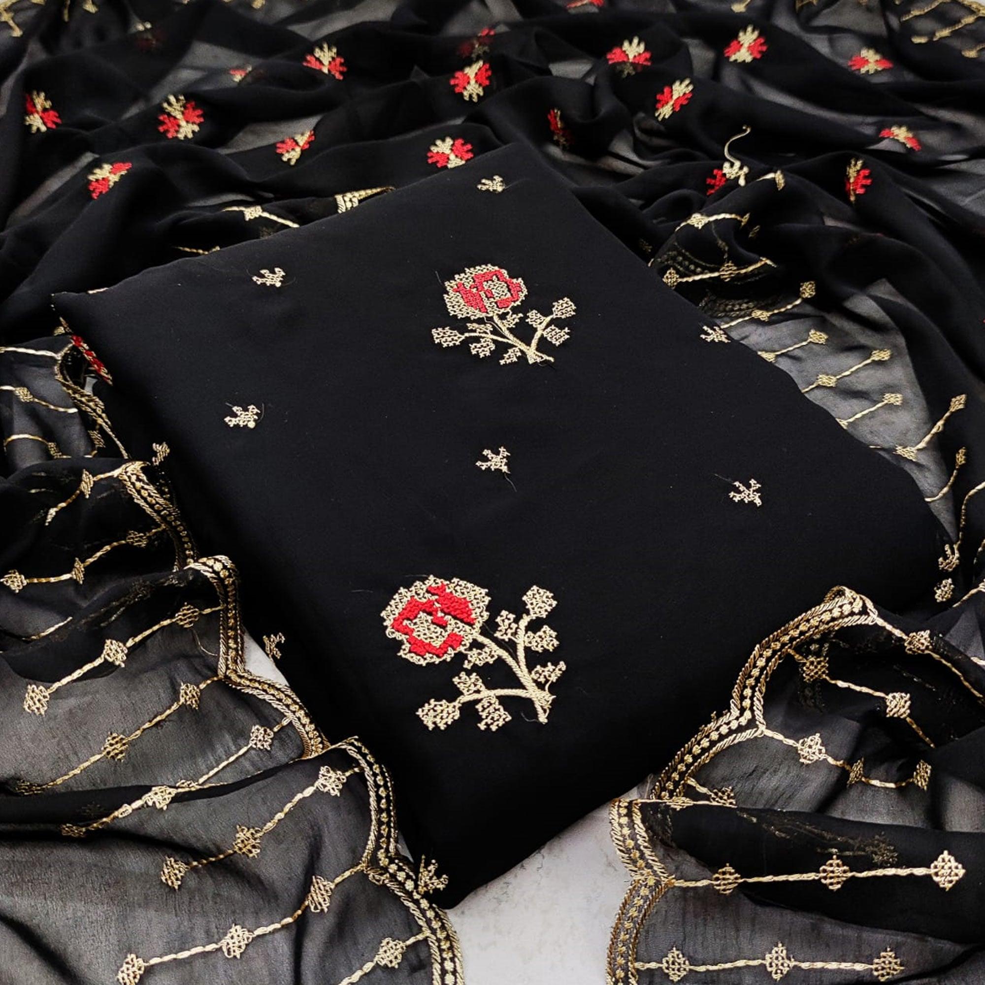 Flattering Black Colored Casual Wear Embroidered Georgette Dress Material - Peachmode