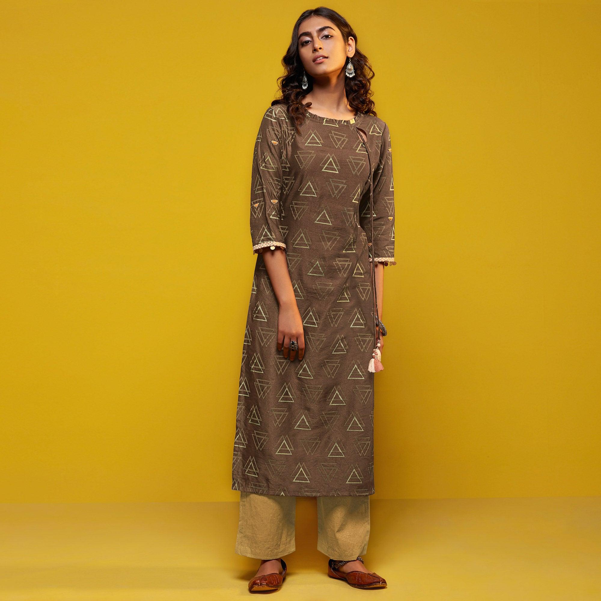 Flattering Brown Colored Casual Printed Cotton Silk Kurti-Bottom Set - Peachmode