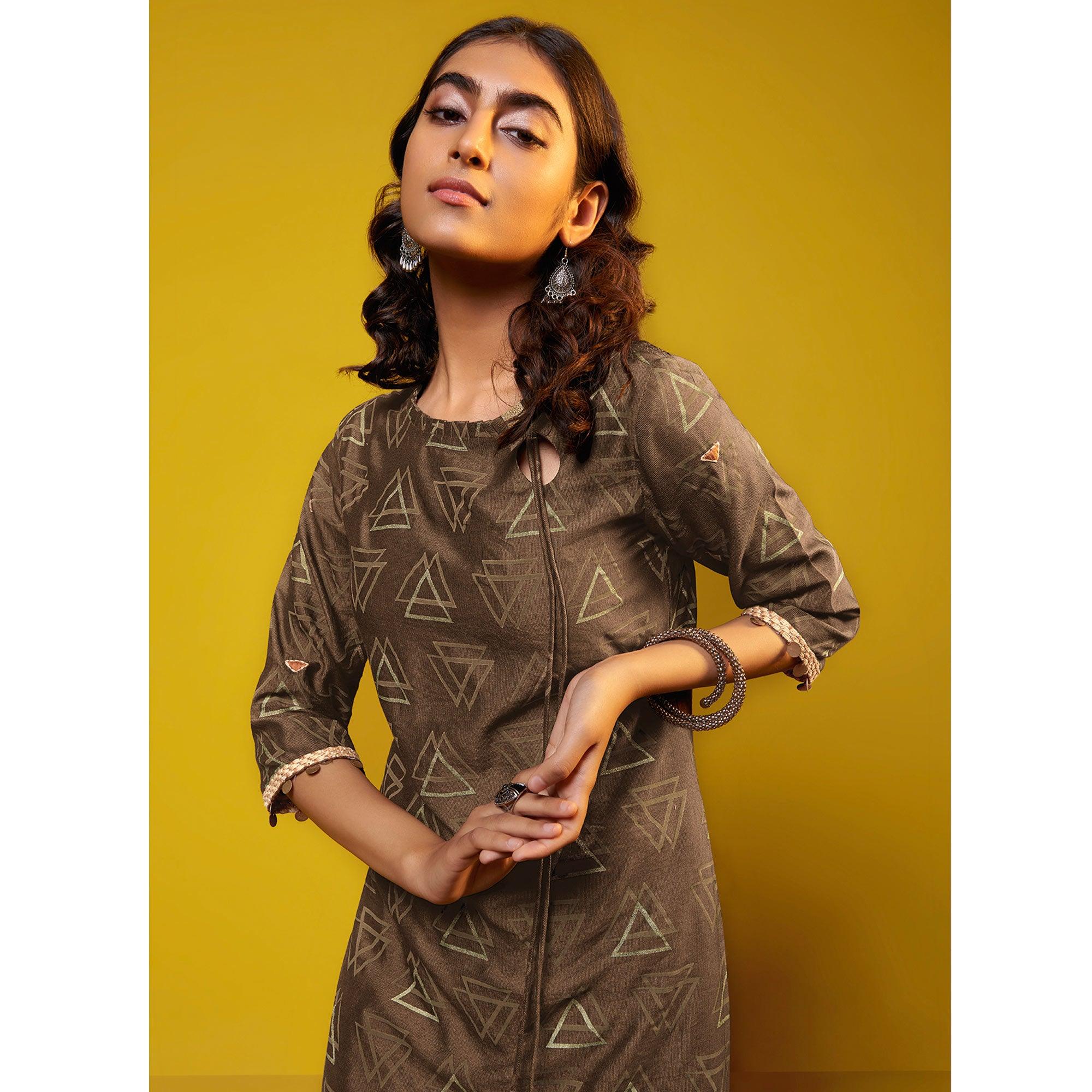 Flattering Brown Colored Casual Printed Cotton Silk Kurti-Bottom Set - Peachmode