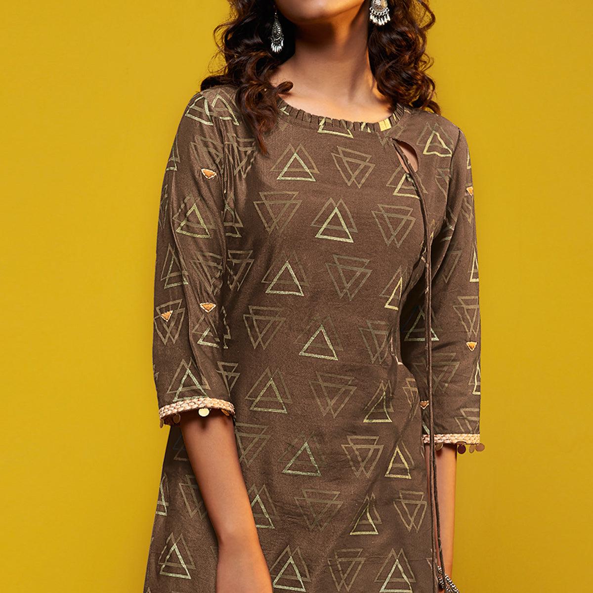 Flattering Brown Colored Casual Printed Cotton Silk Kurti-Bottom Set - Peachmode