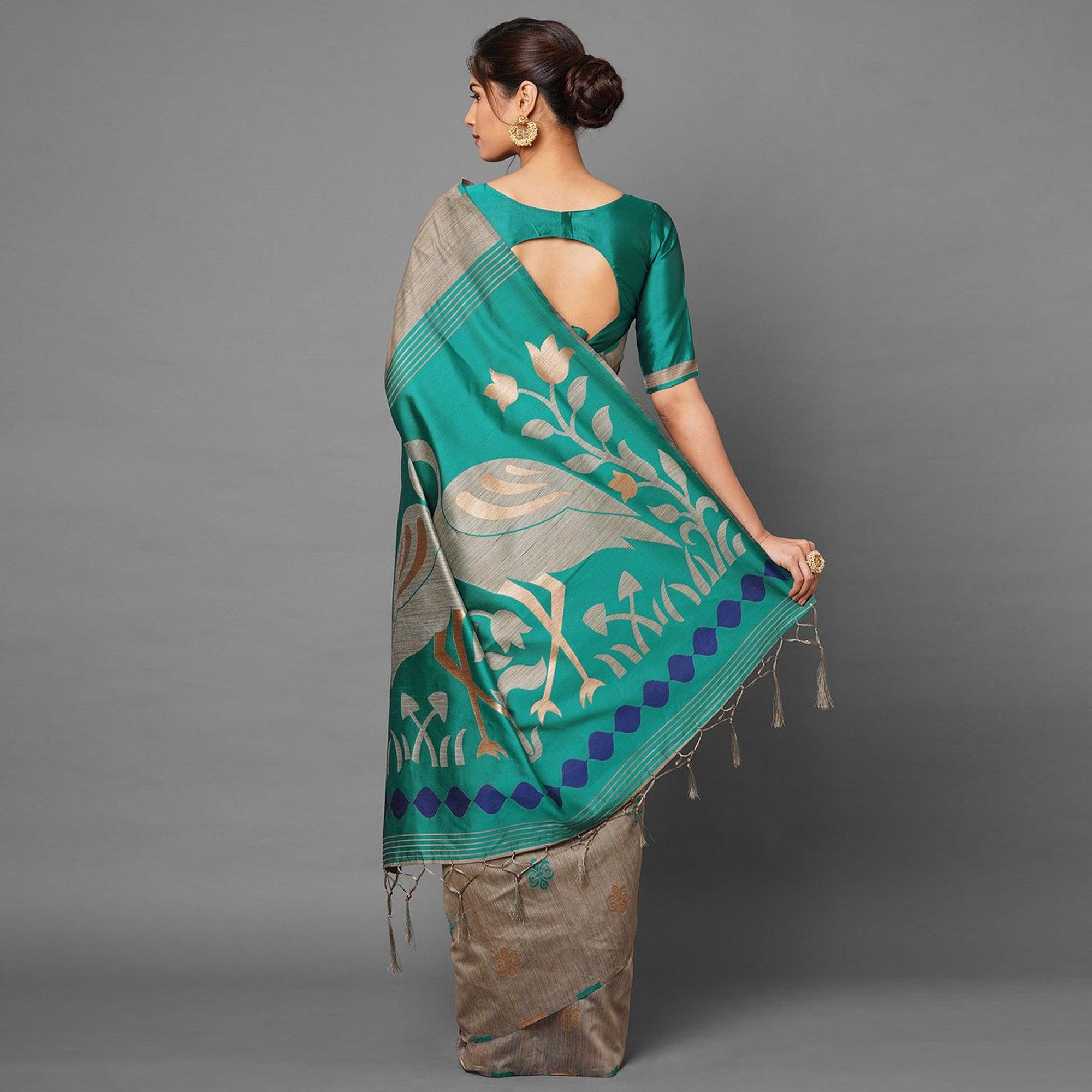 Flattering Chiku-Turquoise Green Colored Festive Wear Woven Art Silk Saree - Peachmode