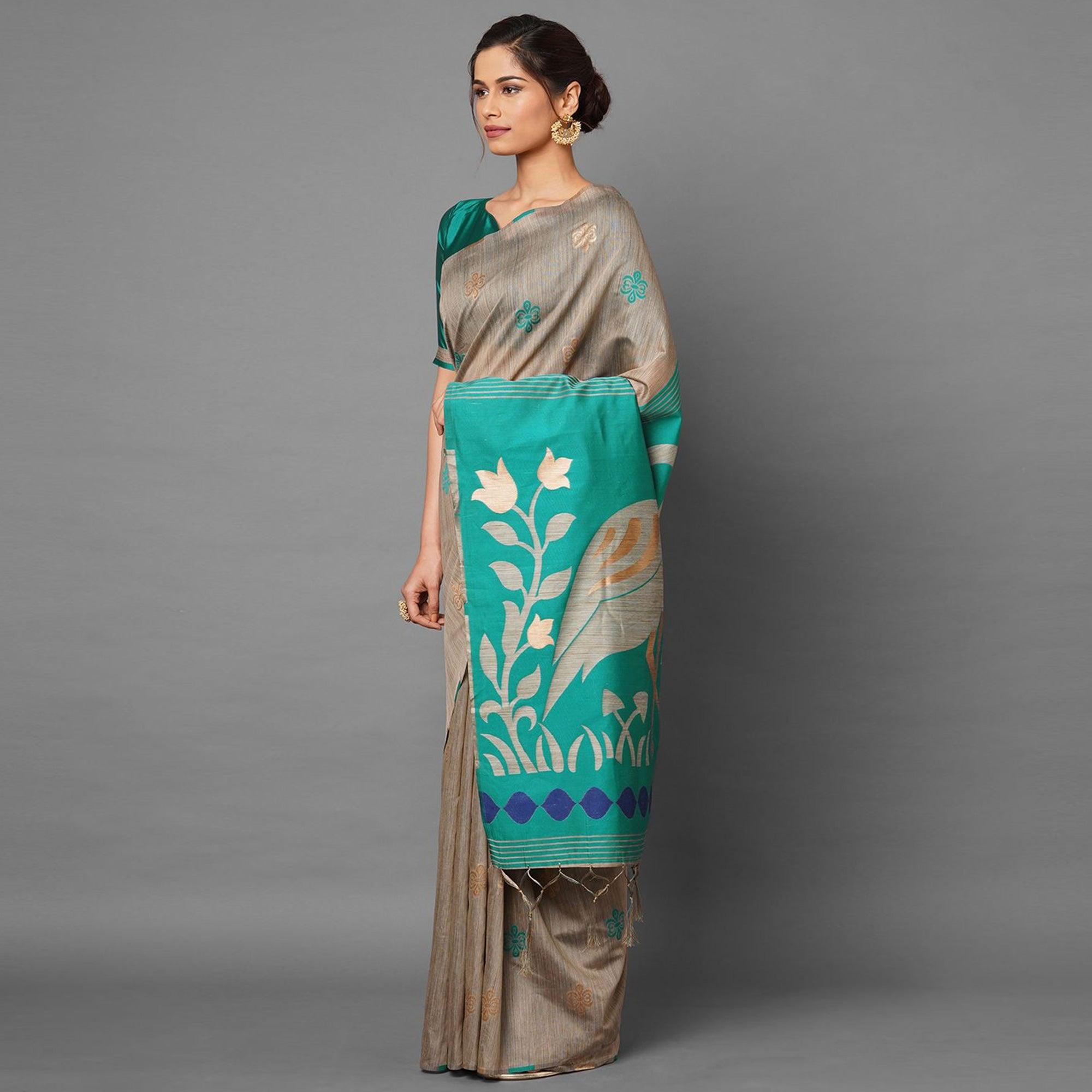 Flattering Chiku-Turquoise Green Colored Festive Wear Woven Art Silk Saree - Peachmode