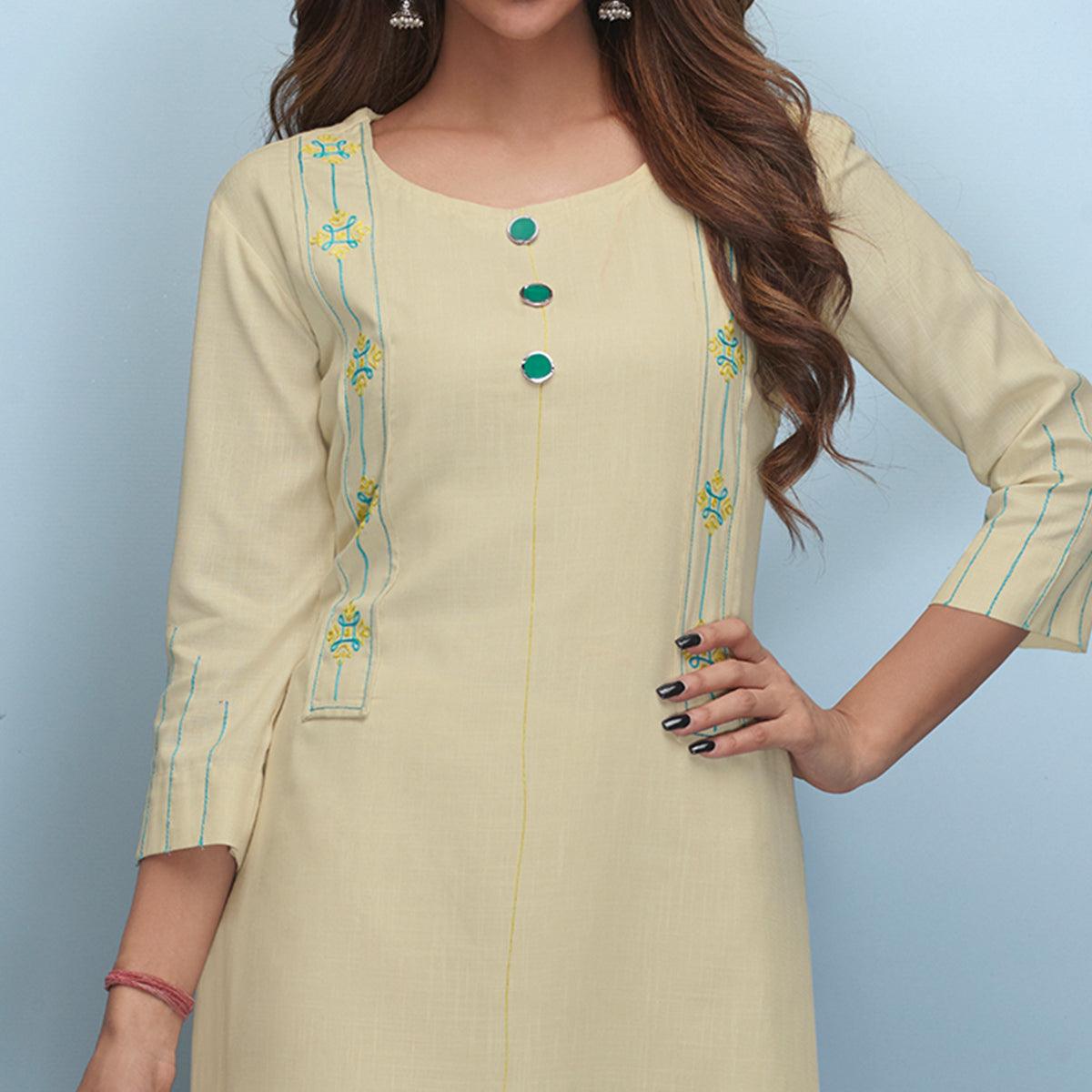 Flattering Cream Colored Partywear Embroidered Rayon Kurti - Peachmode