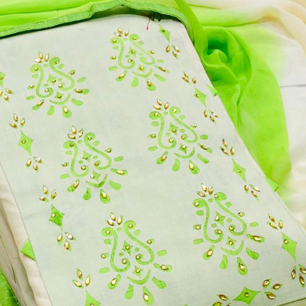 Flattering Cream - Green Colored Casual Wear Printed Cotton Dress Material - Peachmode
