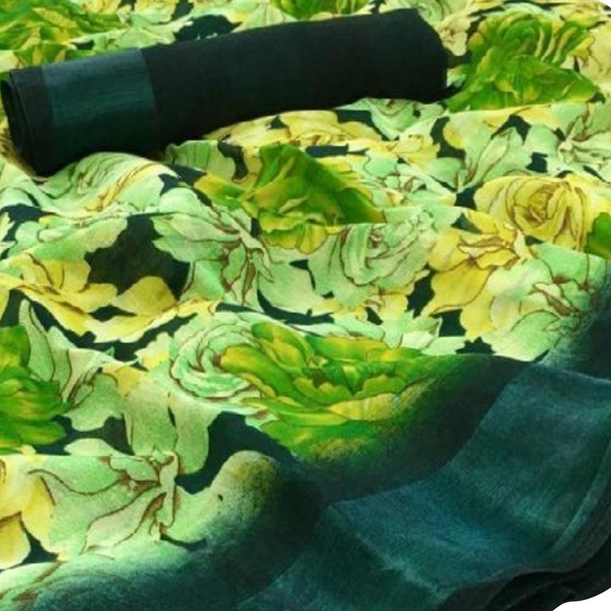 Flattering Green Colored Casual Floral Printed Linen Saree - Peachmode