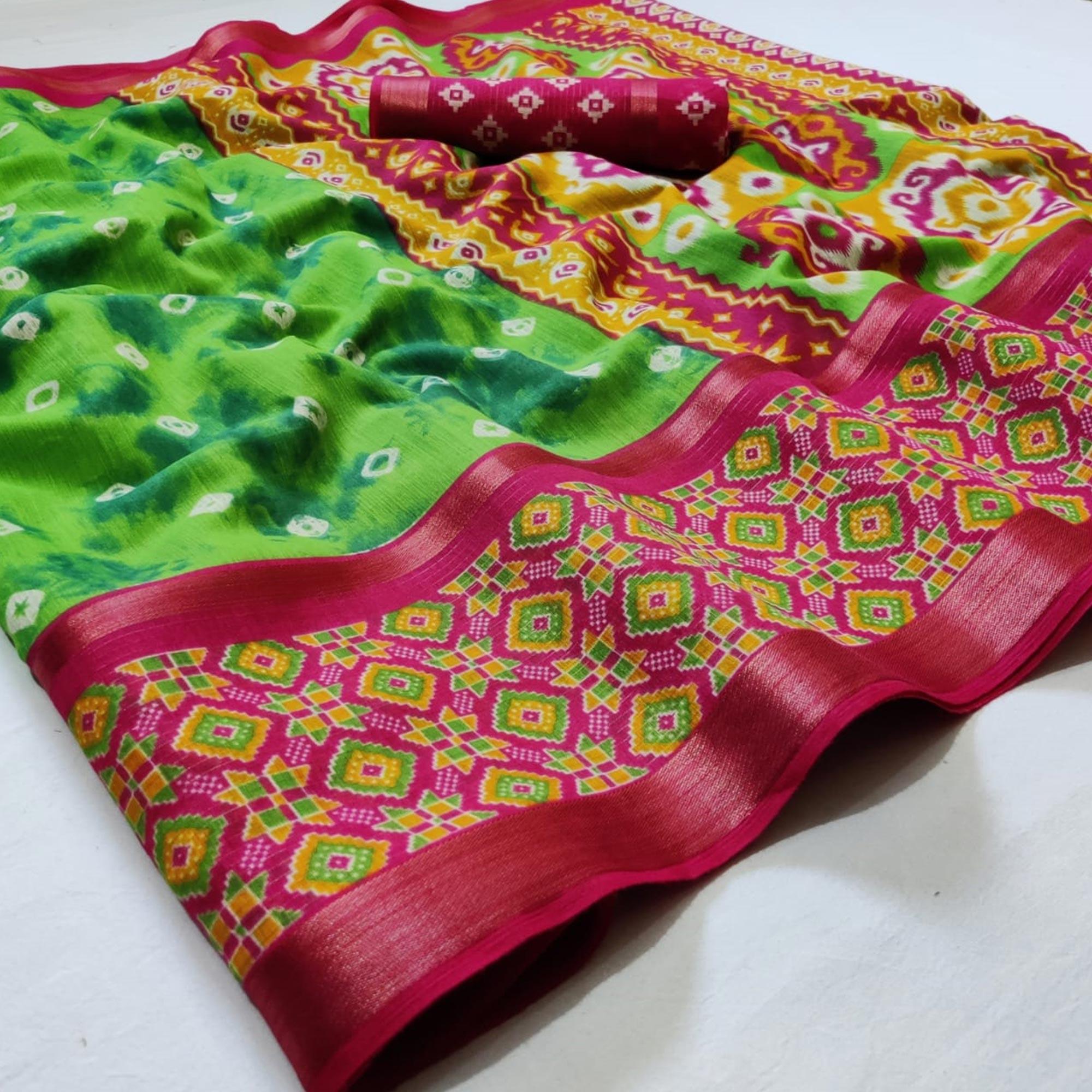 Flattering Green Colored Casual Wear Printed Cotton Saree - Peachmode