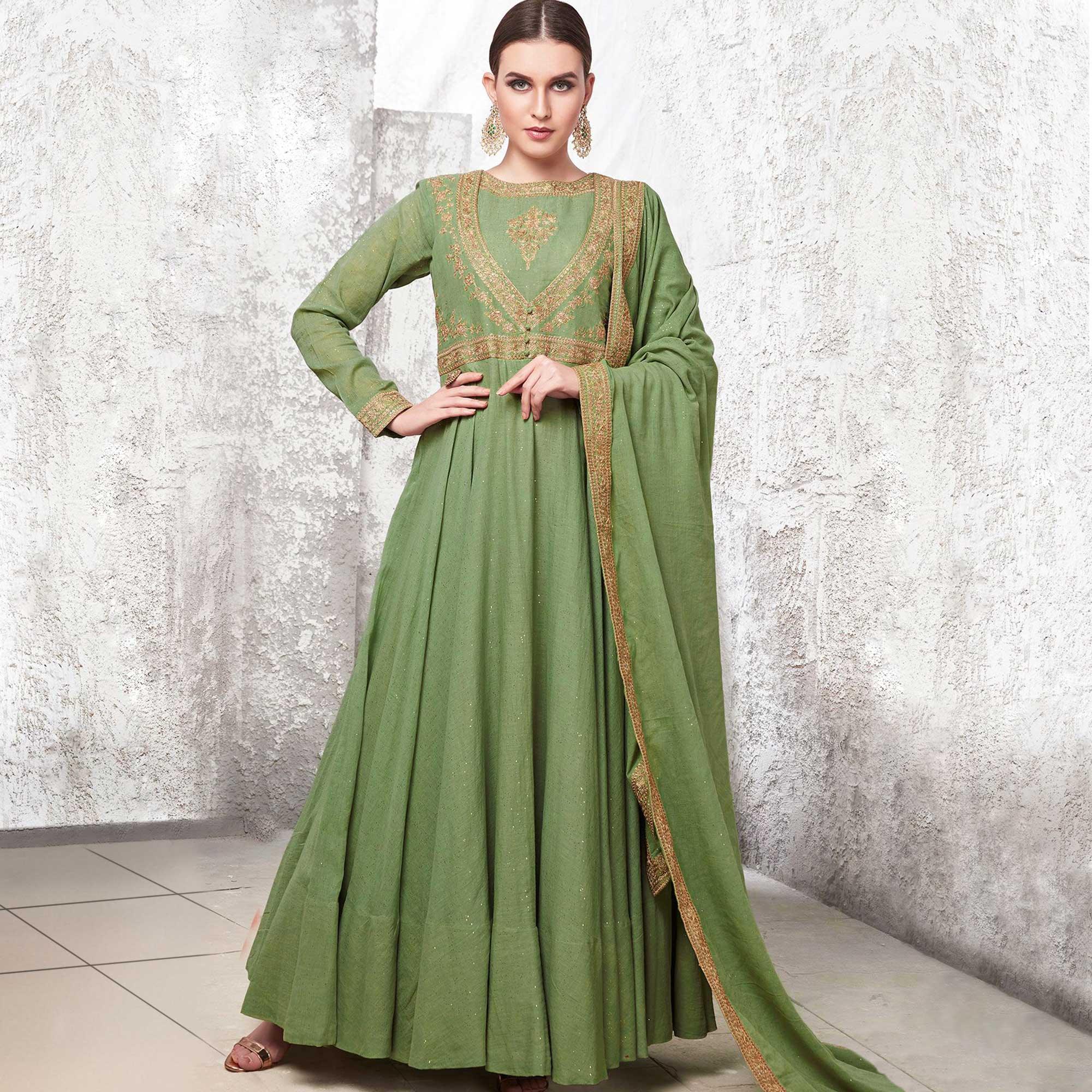 Flattering Green Colored Partywear Embroidered Cotton Anarkali Suit - Peachmode
