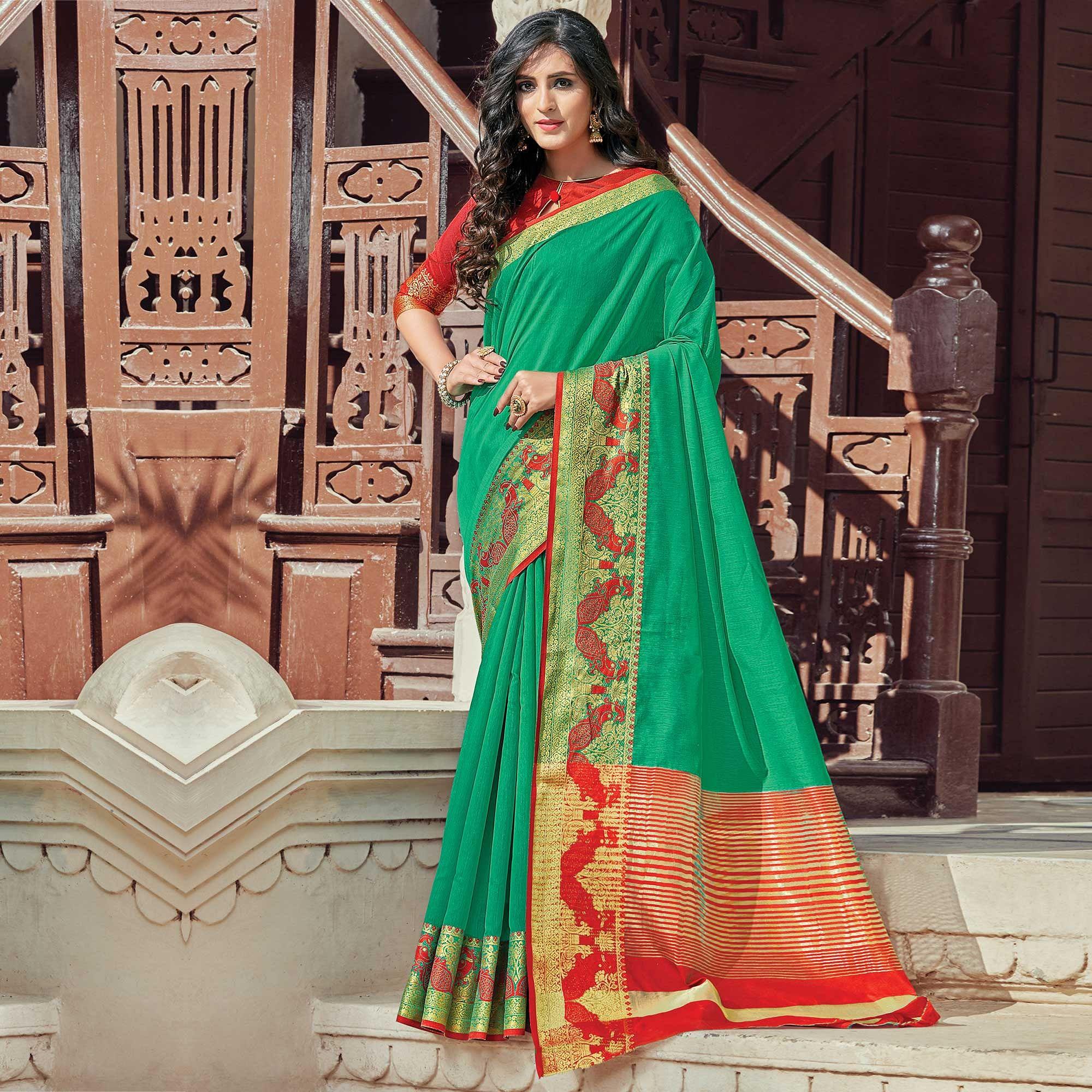 Flattering Green Coloured Casual Wear Woven Cotton Handloom Saree - Peachmode