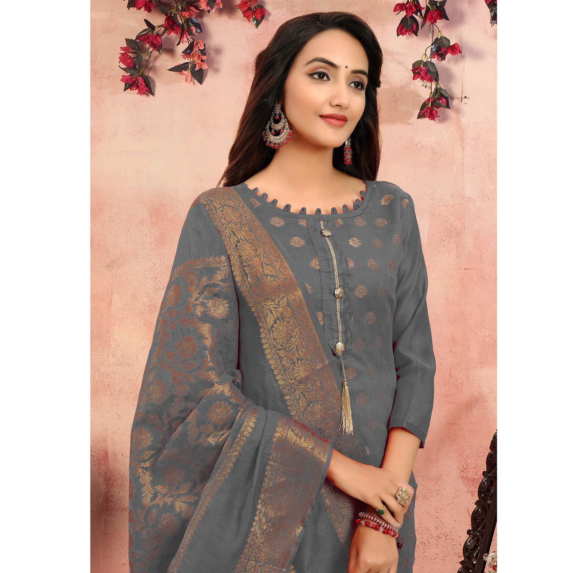Flattering Grey Colored Festive Wear Woven Banarasi Silk Dress Material - Peachmode