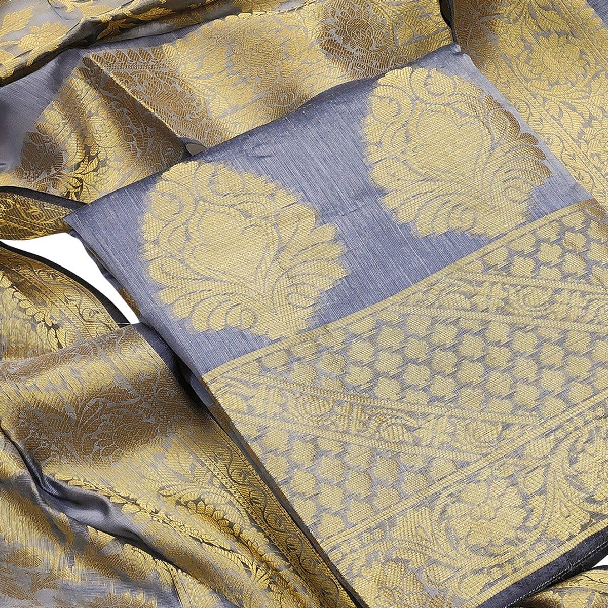 Flattering Grey Colored Festive Wear Woven Banarasi Silk Dress Material - Peachmode