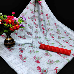 Flattering Grey Coloured Floral Print Casual Wear Striped Pattern Cottton Saree - Peachmode