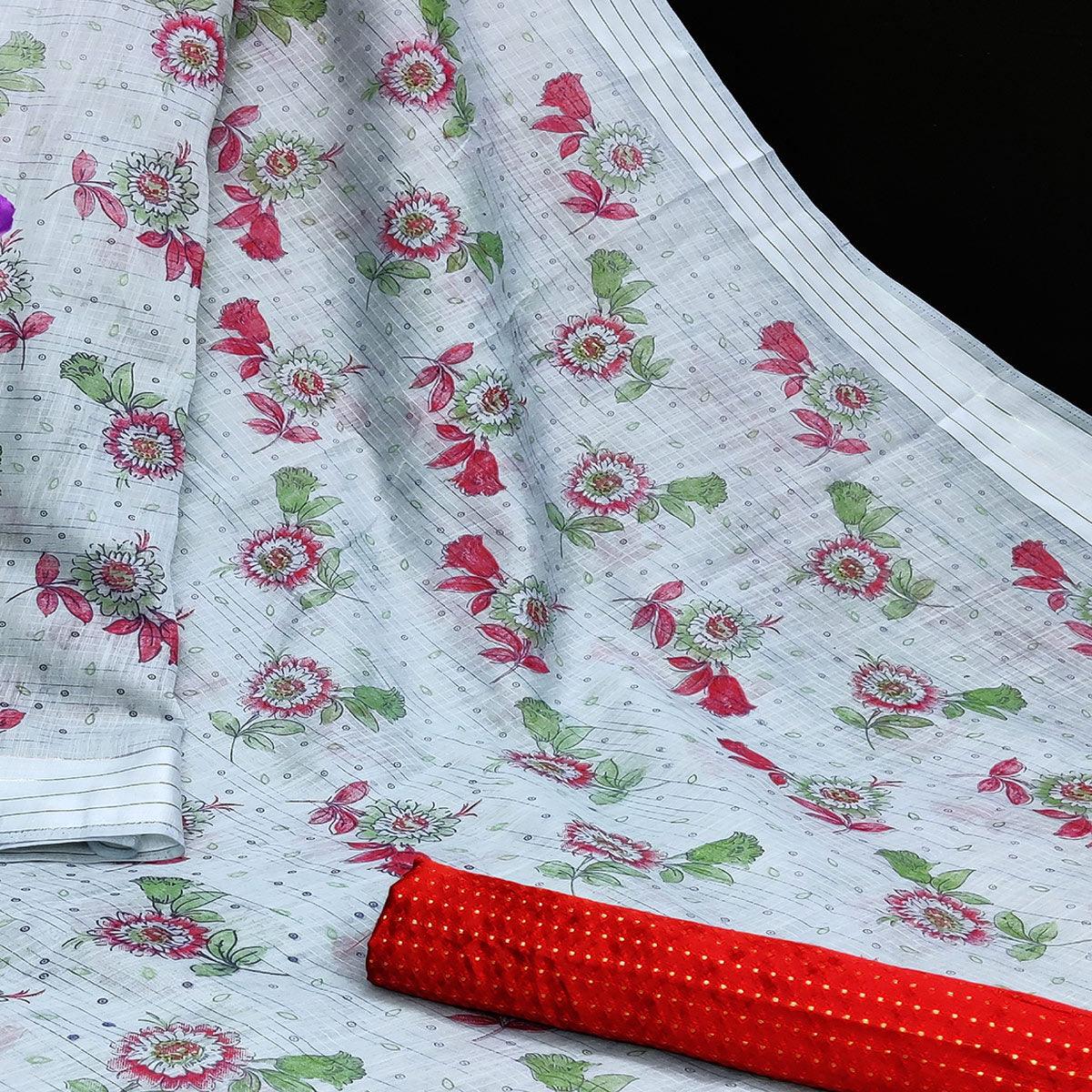 Flattering Grey Coloured Floral Print Casual Wear Striped Pattern Cottton Saree - Peachmode