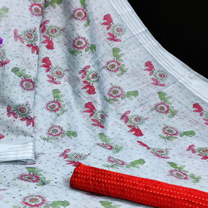 Flattering Grey Coloured Floral Print Casual Wear Striped Pattern Cottton Saree - Peachmode