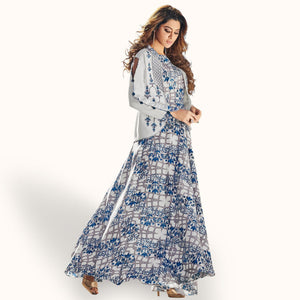 Flattering Light Gray-Blue Colored Party Wear Printed Rayon Kurti - Peachmode