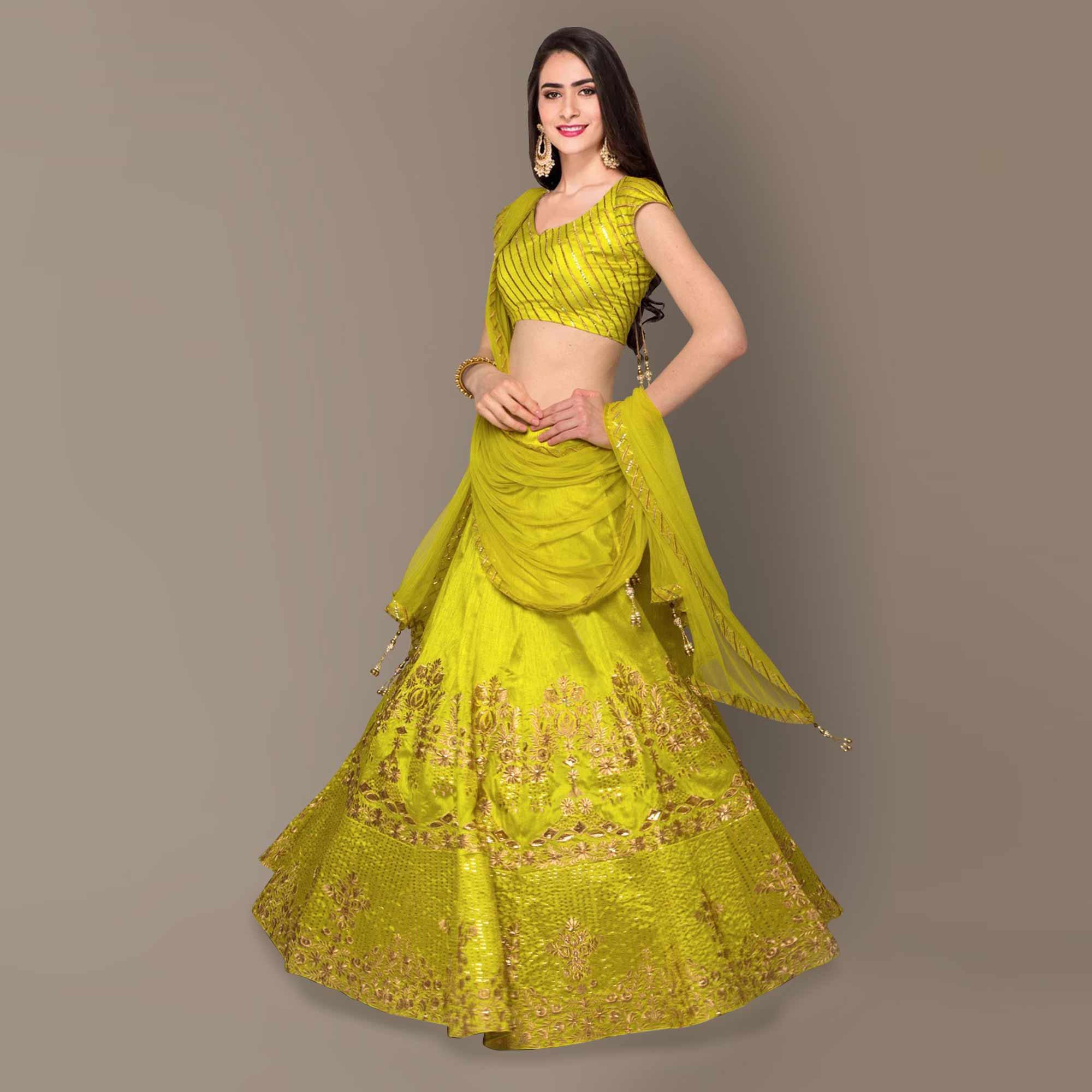 Flattering Lime Green Colored Partywear Embroidered Banglori Silk Lehenga - Peachmode