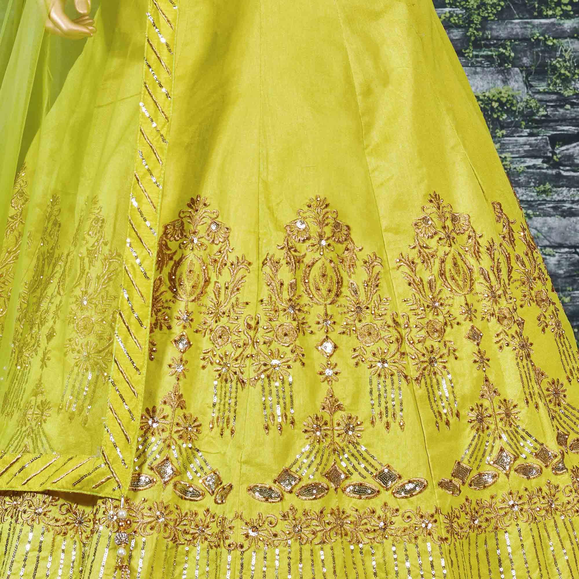 Flattering Lime Green Colored Partywear Embroidered Banglori Silk Lehenga - Peachmode
