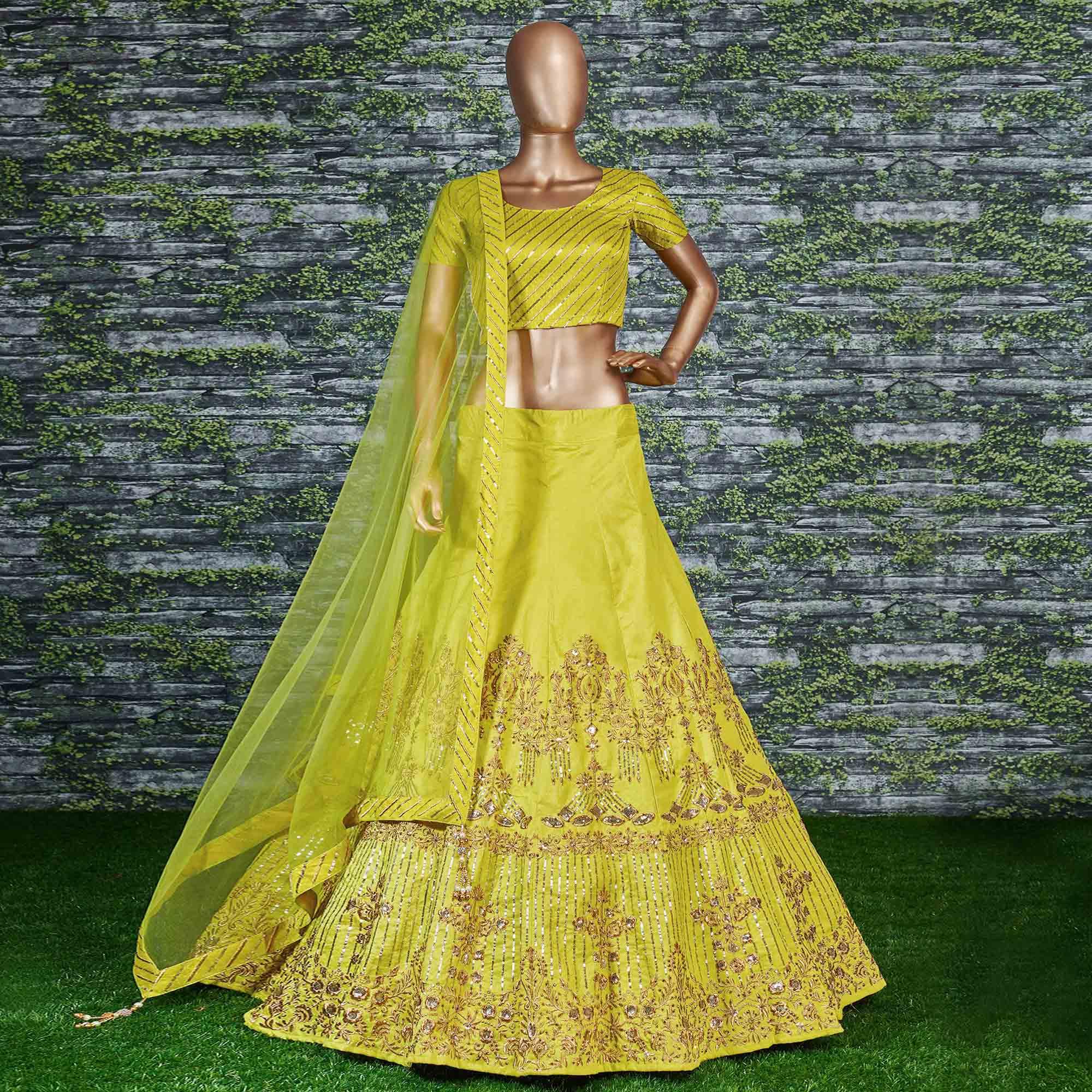 Flattering Lime Green Colored Partywear Embroidered Banglori Silk Lehenga - Peachmode
