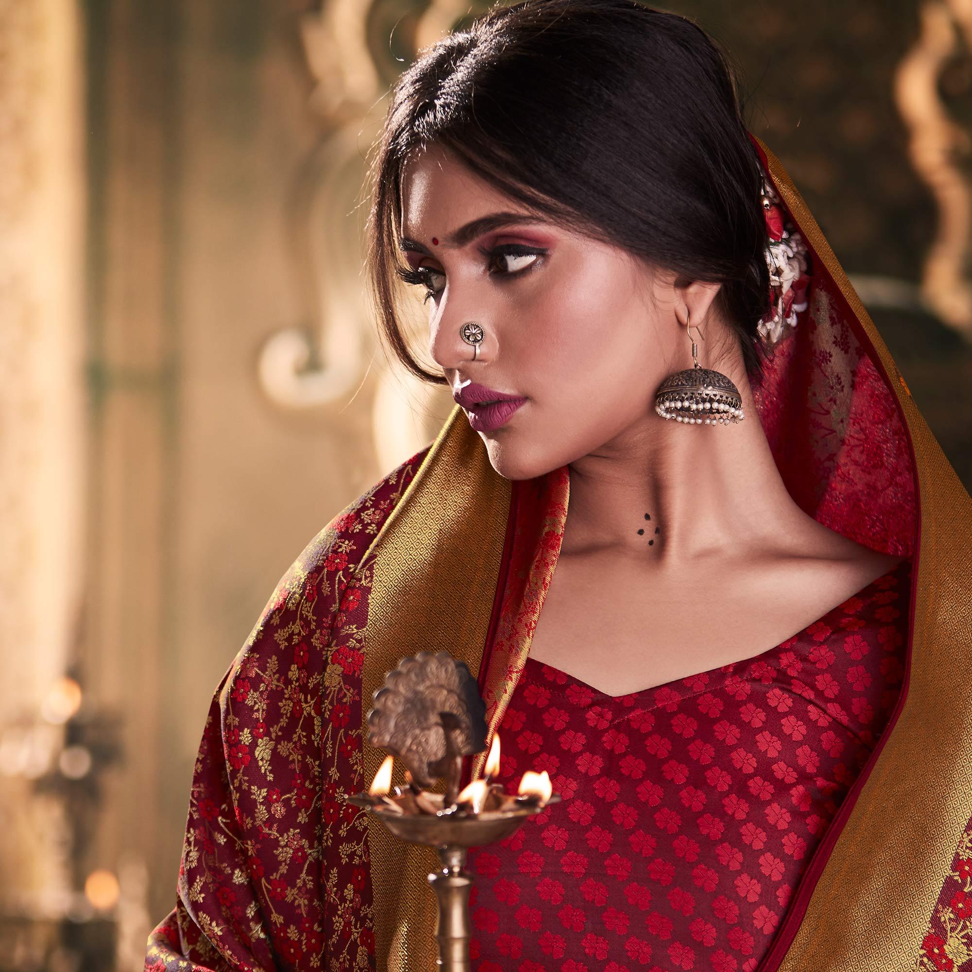 Flattering Maroon Colored Festive Wear Woven Banarasi Silk Saree - Peachmode