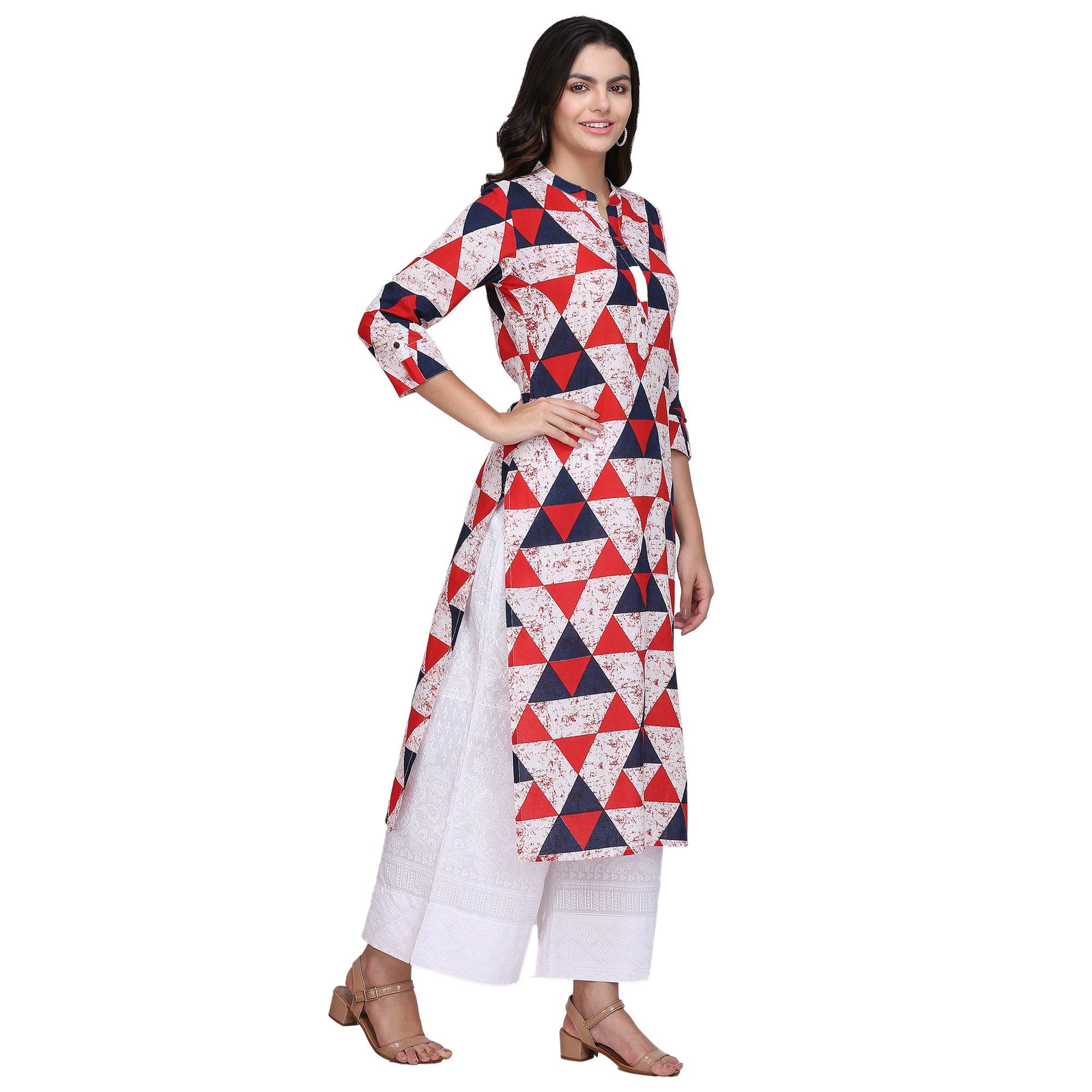 Flattering Multi Colored Casual Printed Cotton Kurti - Peachmode