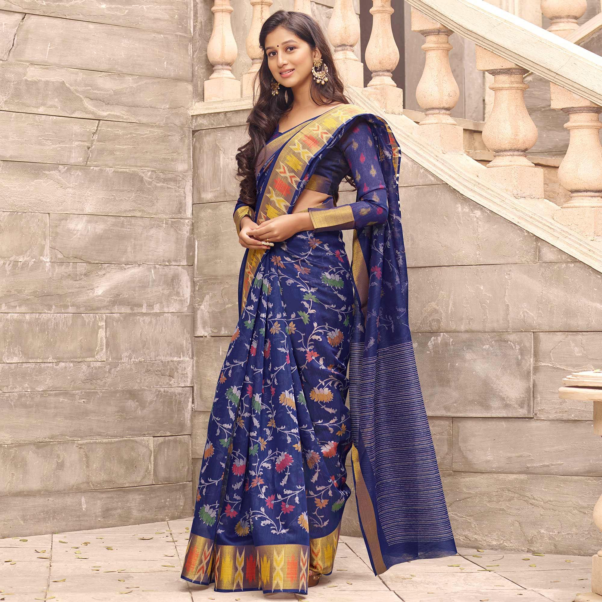 Flattering Navy Blue Colored Partywear Digital Printed Linen Saree - Peachmode