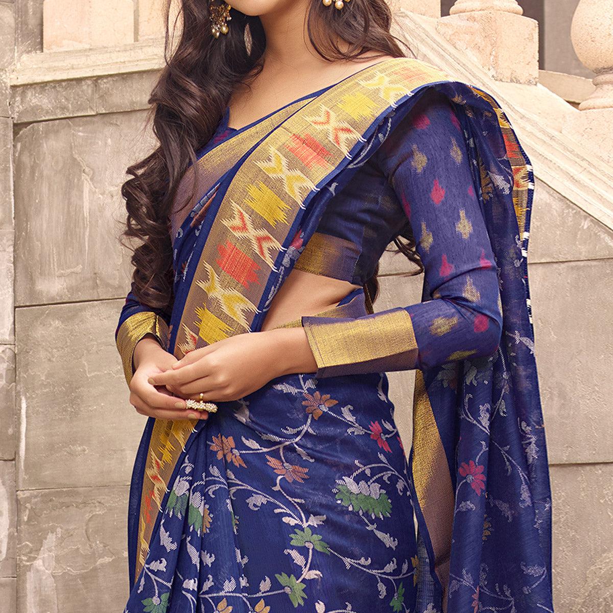 Flattering Navy Blue Colored Partywear Digital Printed Linen Saree - Peachmode