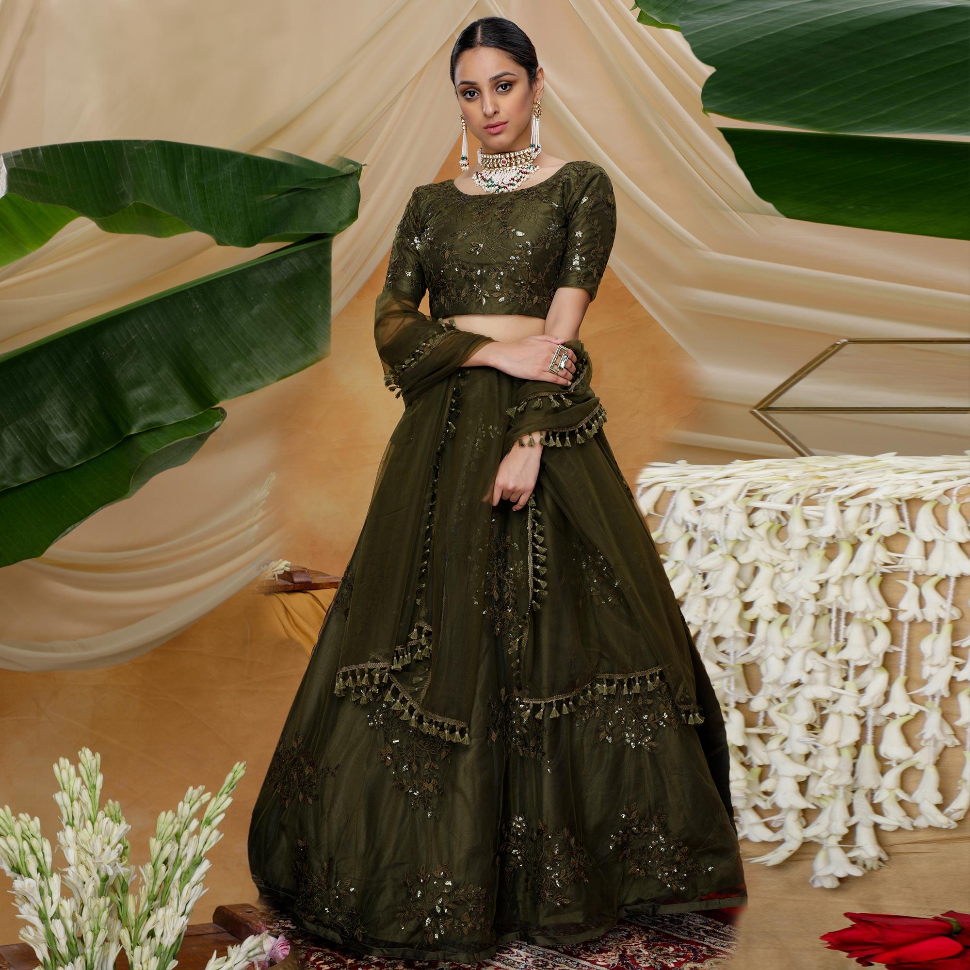Flattering Olive Green Colored Designer Partywear Embroidered Net Lehenga Choli - Peachmode