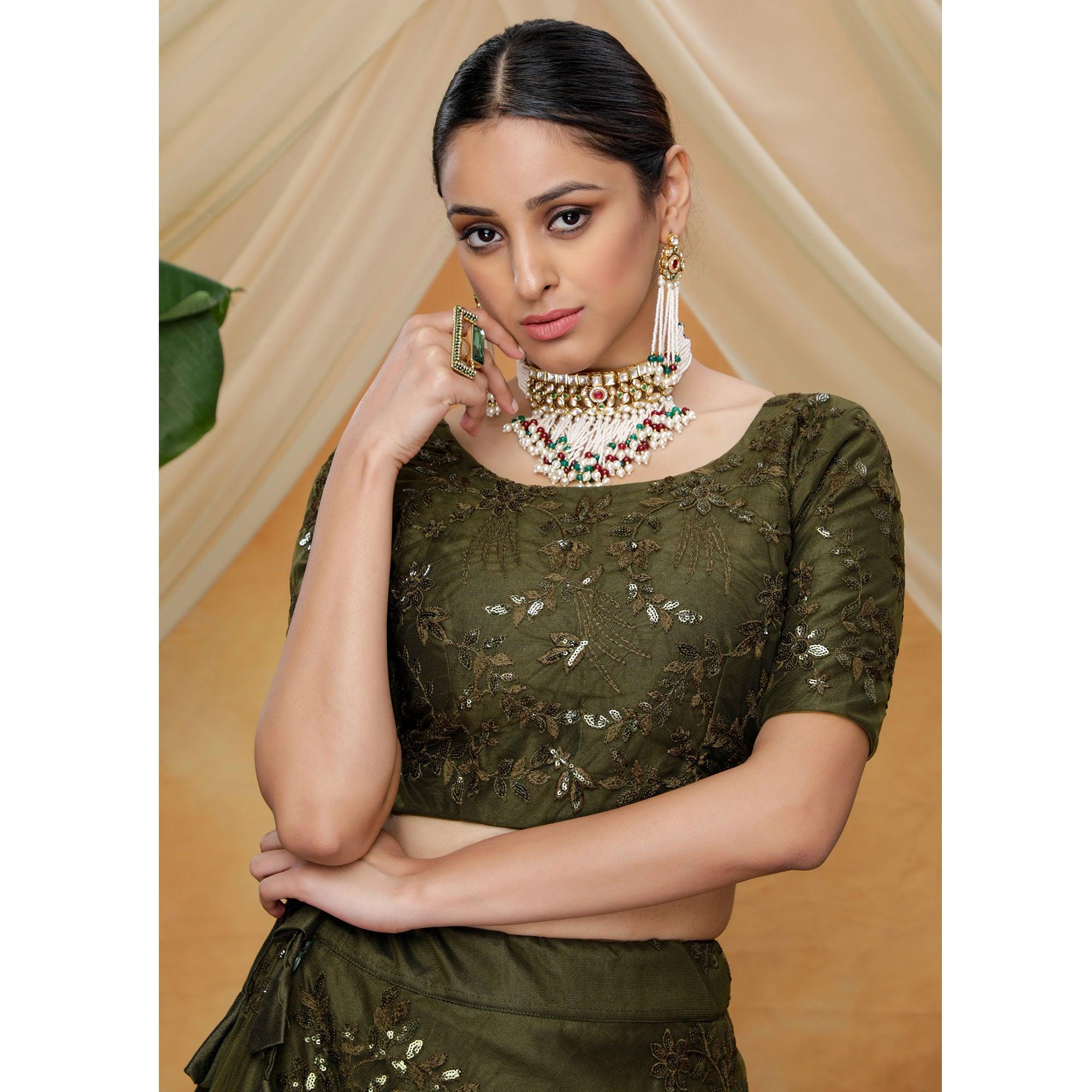 Flattering Olive Green Colored Designer Partywear Embroidered Net Lehenga Choli - Peachmode