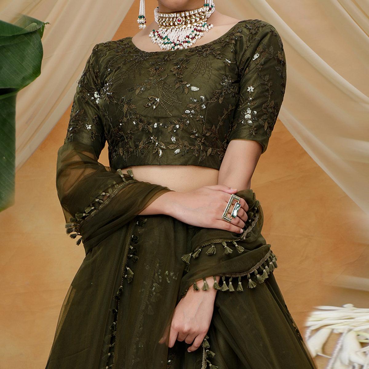 Flattering Olive Green Colored Designer Partywear Embroidered Net Lehenga Choli - Peachmode