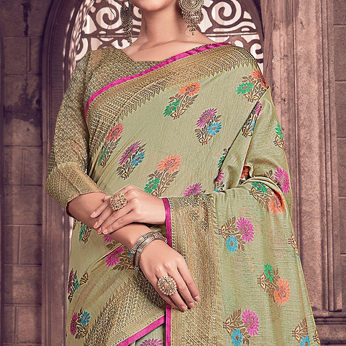 Flattering Olive Green Colored Festive Wear Woven Handloom Silk Saree - Peachmode