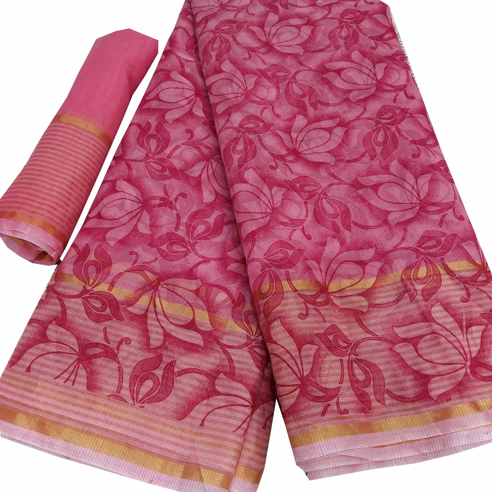 Flattering Pink Colored Casual Wear Floral Printed Net Saree - Peachmode