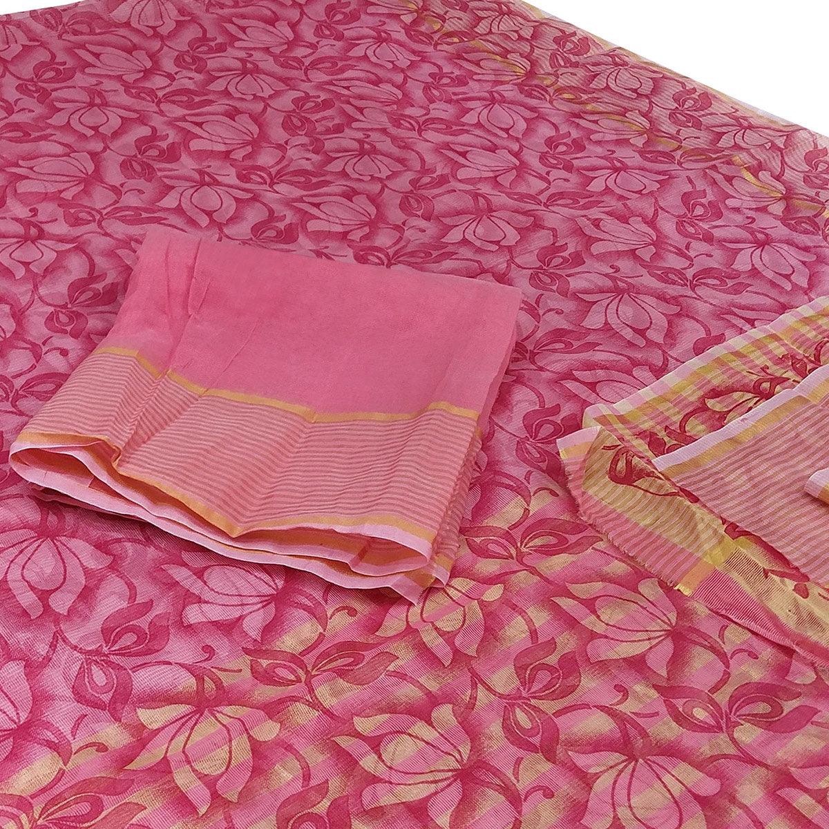 Flattering Pink Colored Casual Wear Floral Printed Net Saree - Peachmode