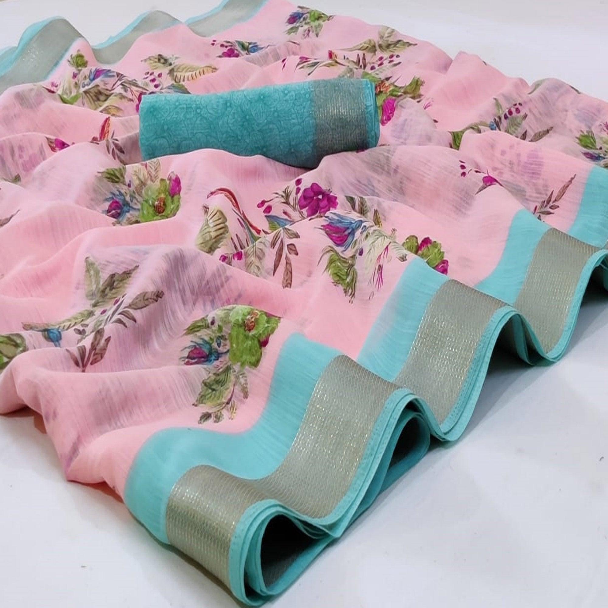 Flattering Pink Colored Casual Wear Printed Linen Saree - Peachmode