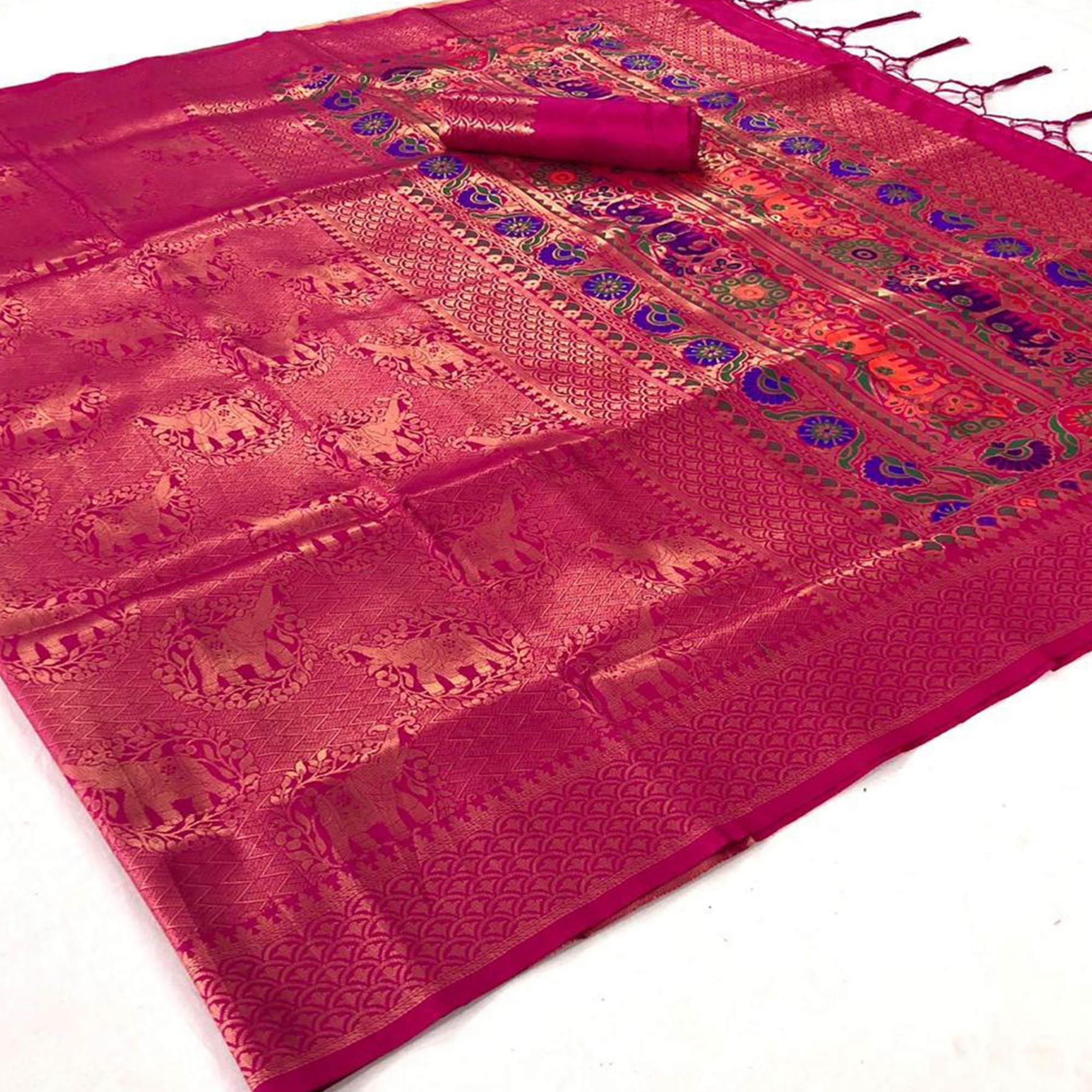 Flattering Pink Colored Festive Wear Woven Pure Soft Silk Saree - Peachmode