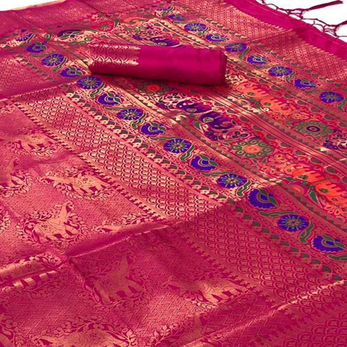 Flattering Pink Colored Festive Wear Woven Pure Soft Silk Saree - Peachmode