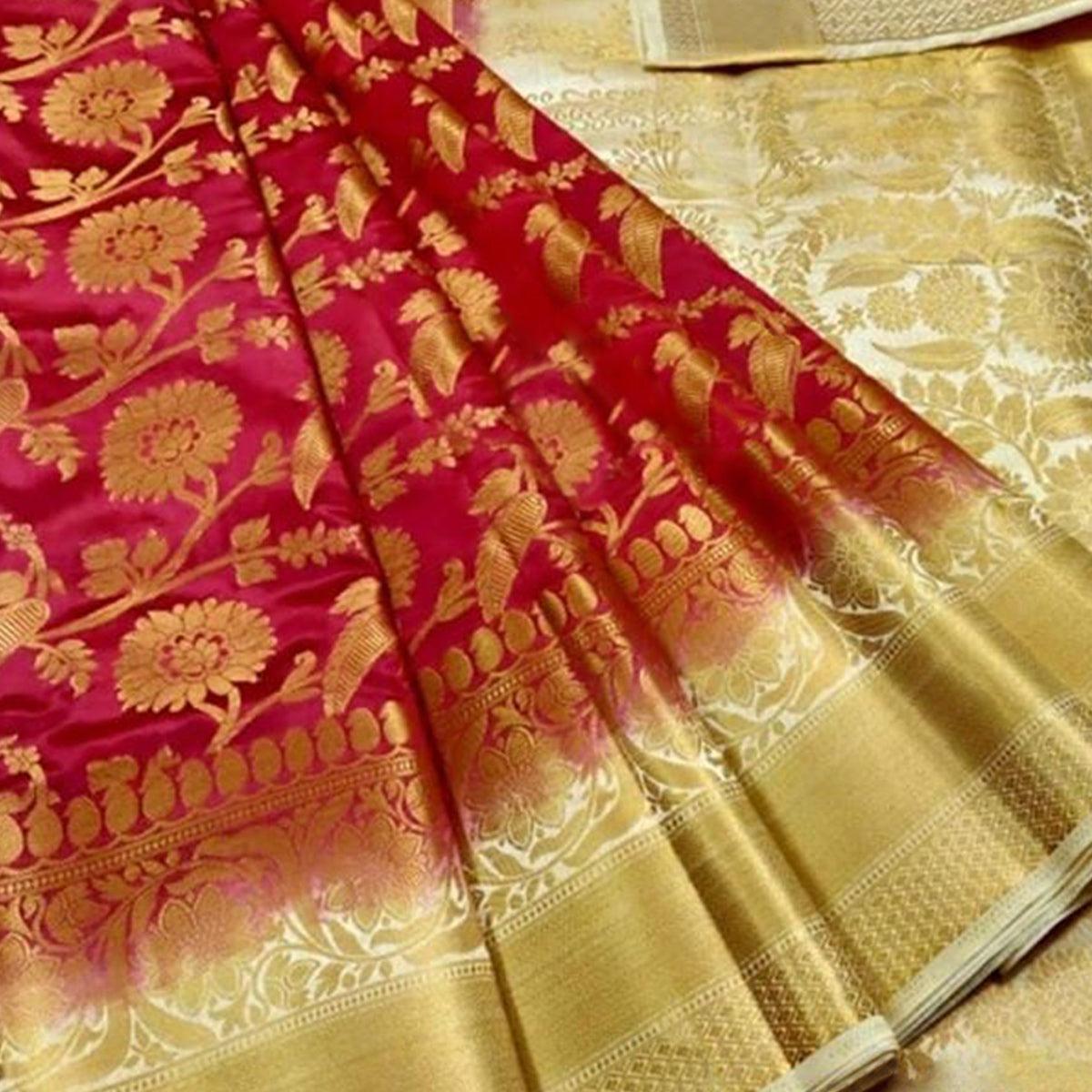 Flattering Pink Colored Festive Wear Woven Silk Blend Saree - Peachmode