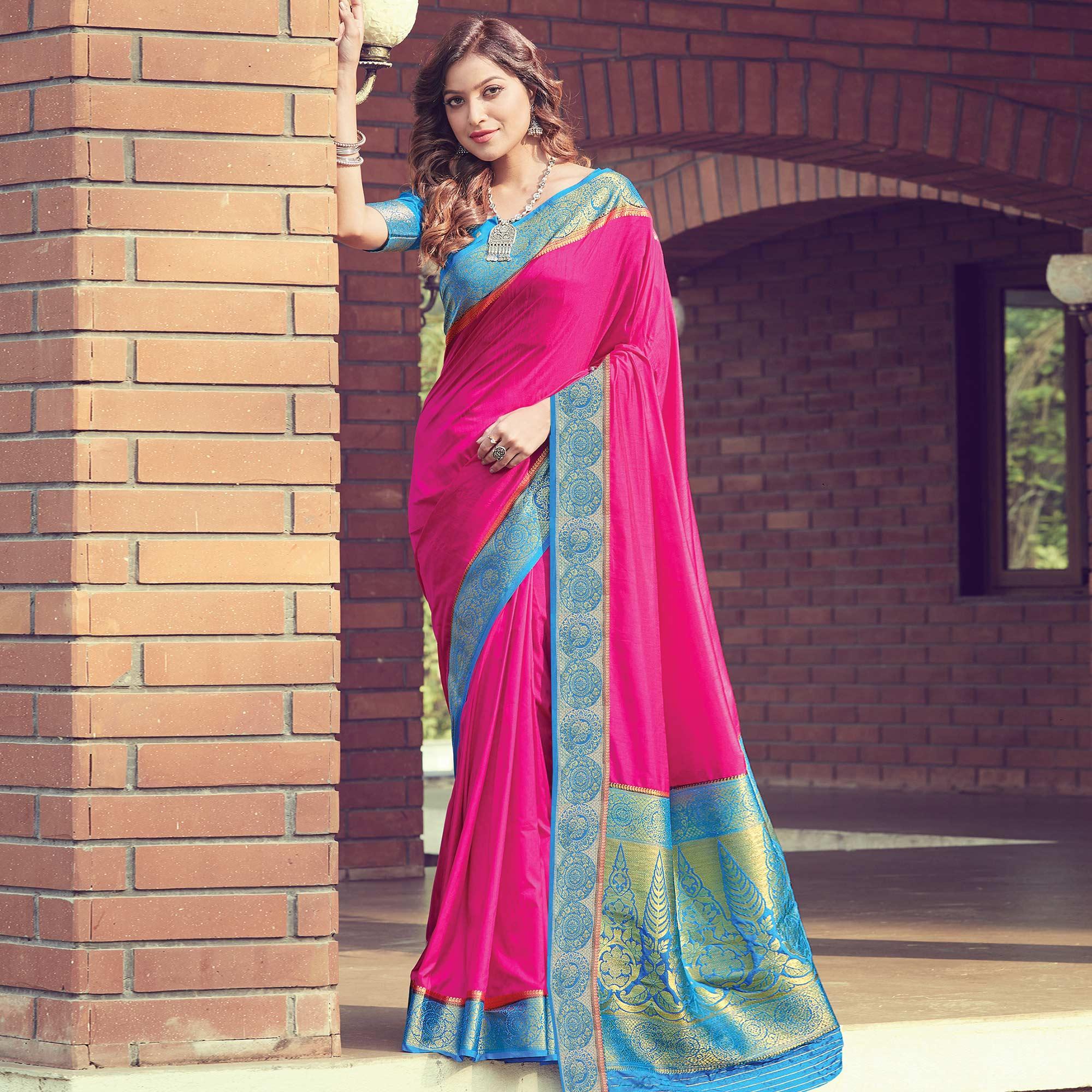 Flattering Pink Colored Festive Wear Woven Silk Sareee - Peachmode
