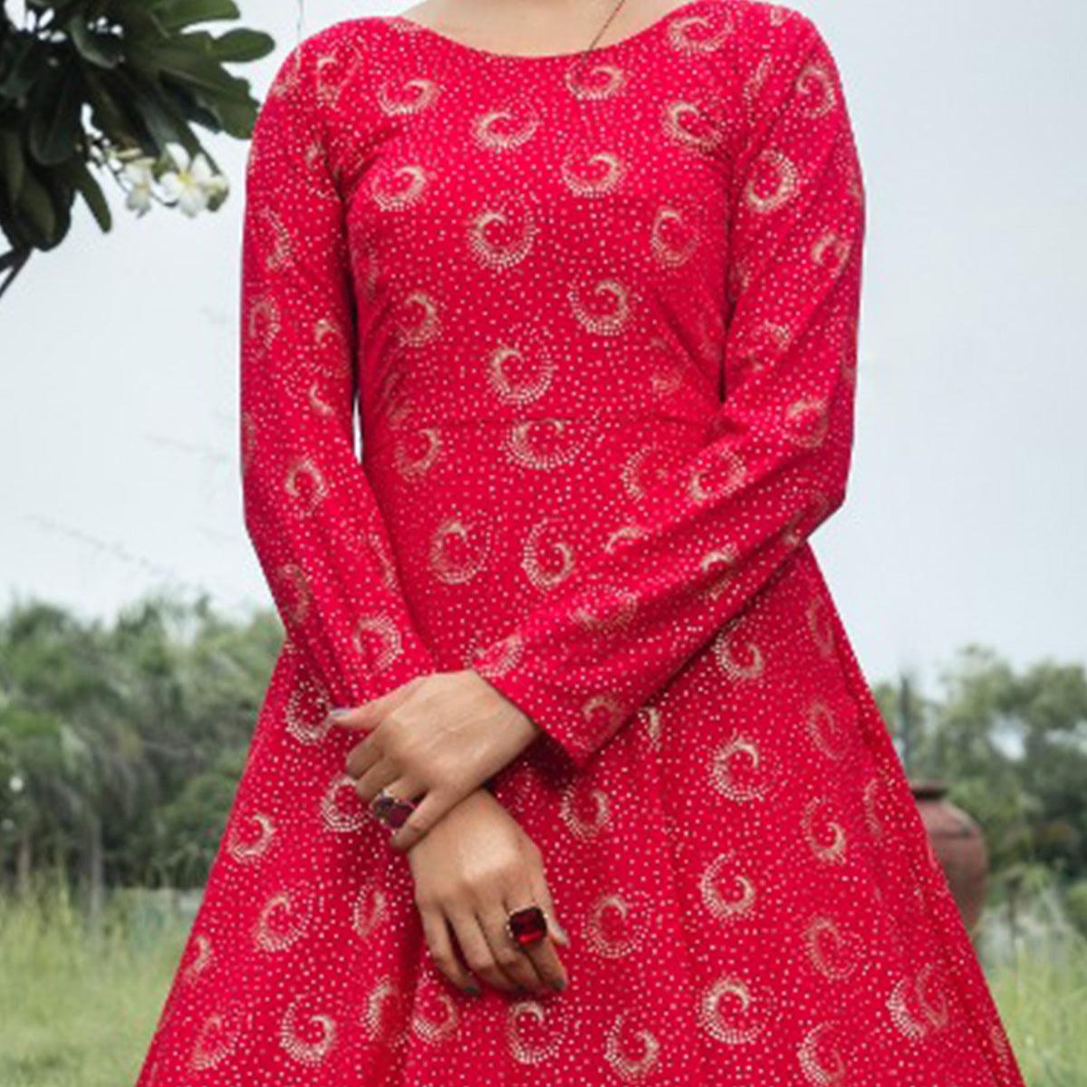 Flattering Pink Colored Party Wear Foil Printed Georgette Gown - Peachmode