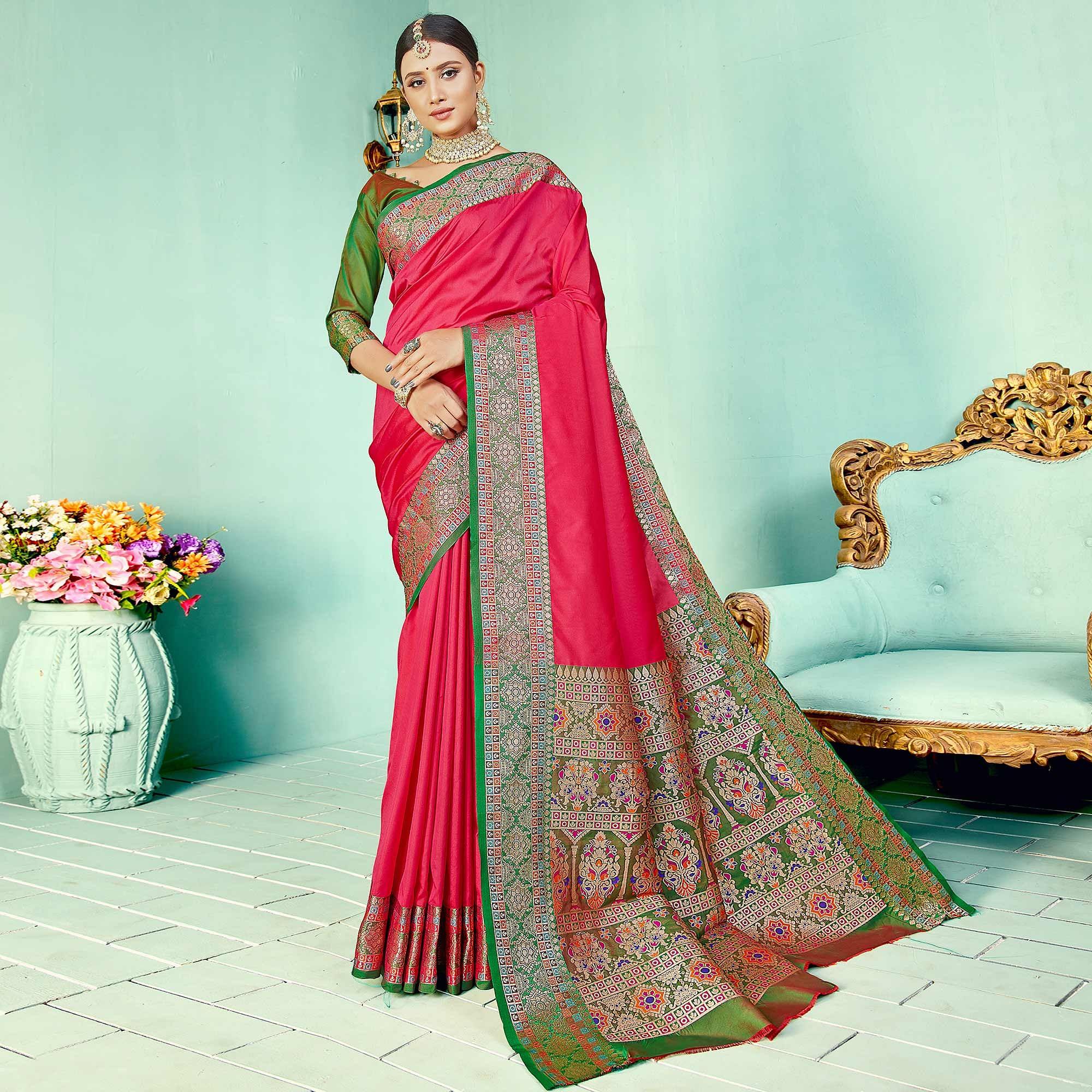 Flattering Pink Coloured Partywear Woven Silk Saree - Peachmode