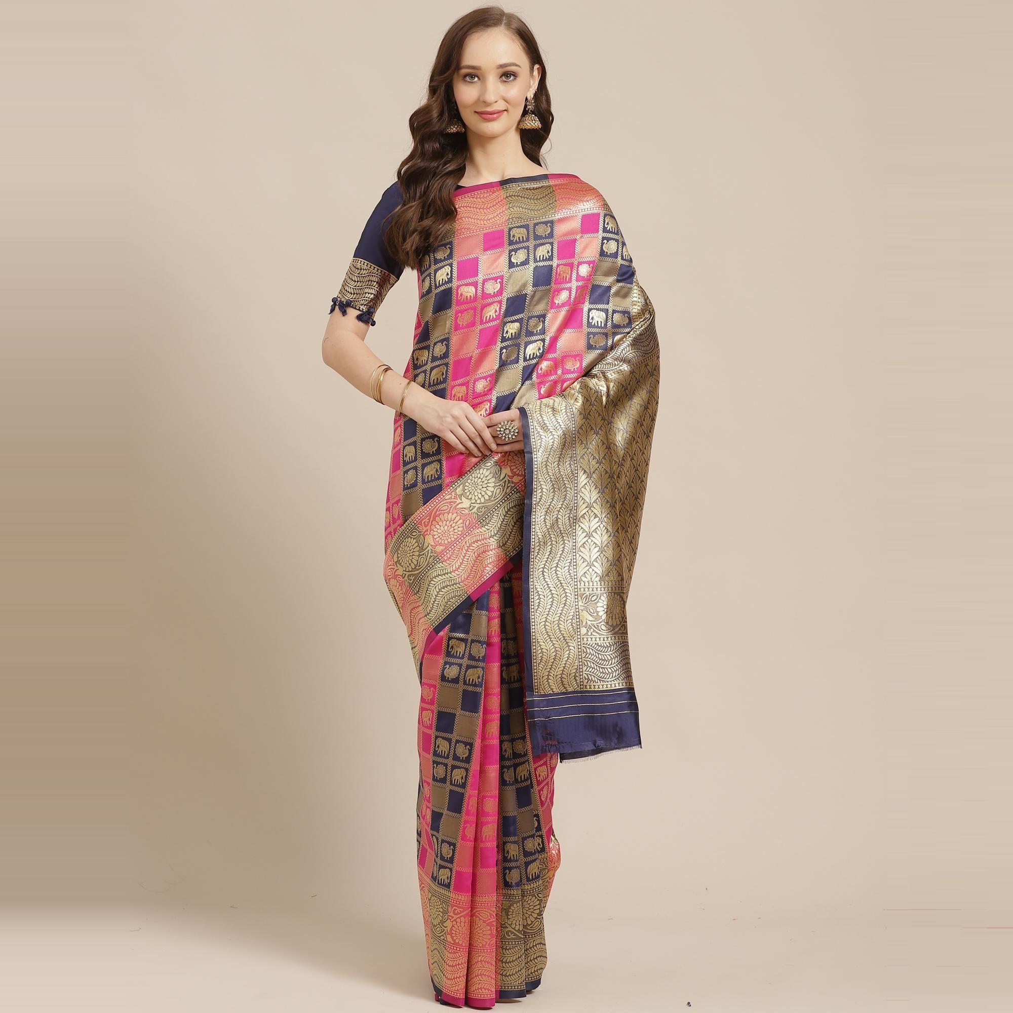 Flattering Pink - Navy Blue Colored Festive Wear Woven Silk Blend Saree - Peachmode