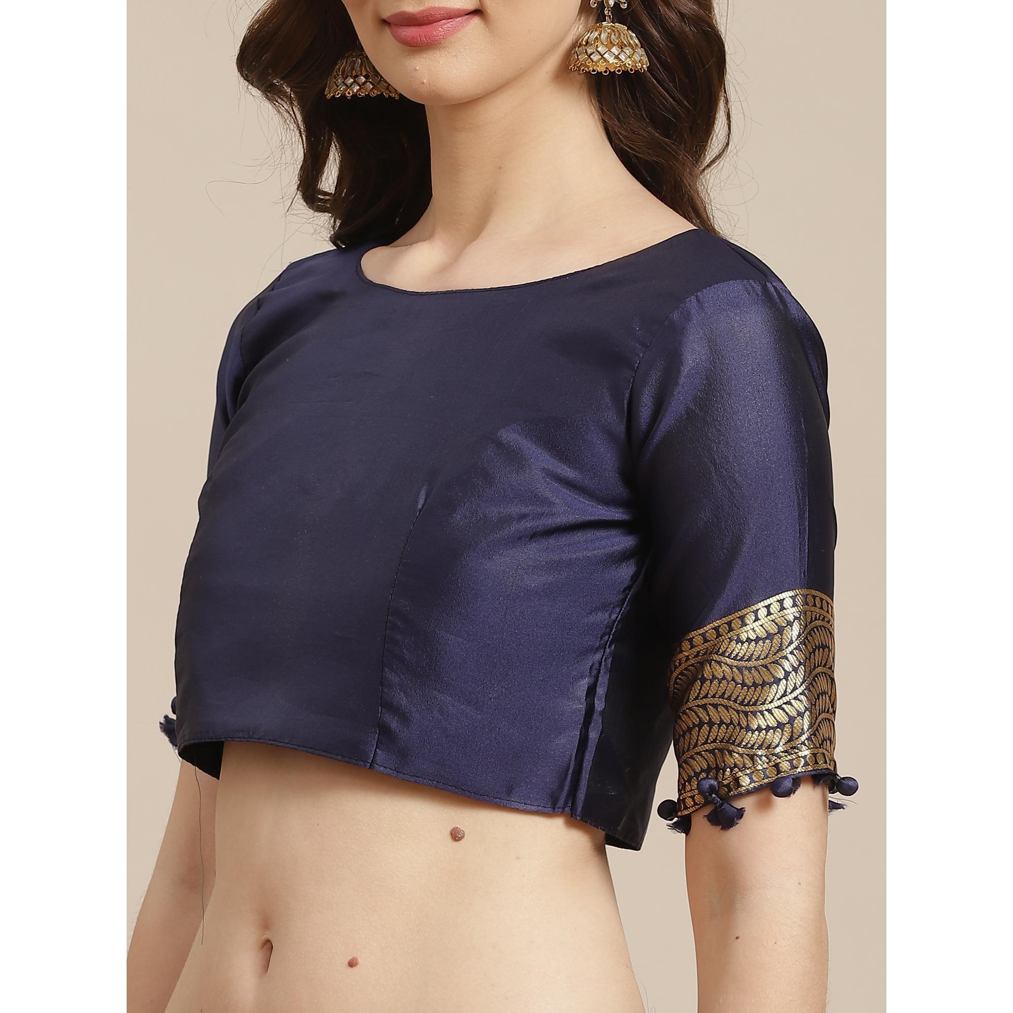 Flattering Pink - Navy Blue Colored Festive Wear Woven Silk Blend Saree - Peachmode