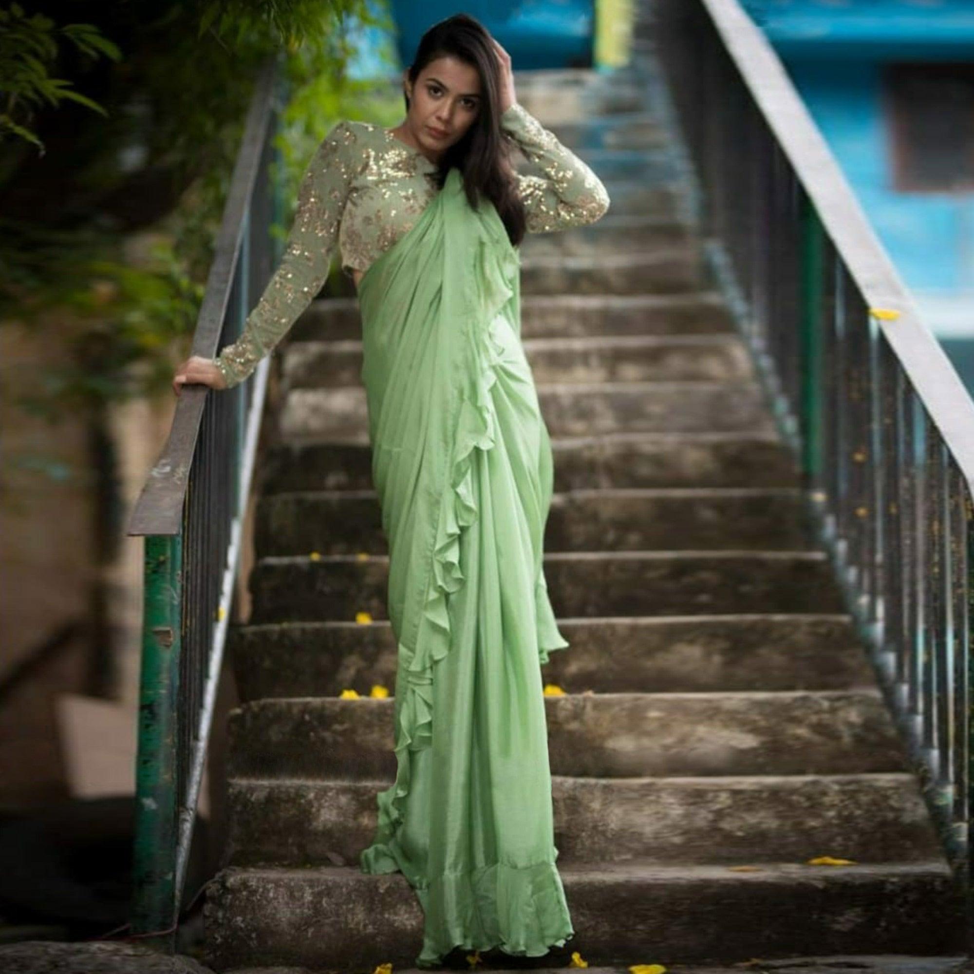 Flattering Pista Green Colored Partywear Embroidered Rangoli Silk Saree - Peachmode