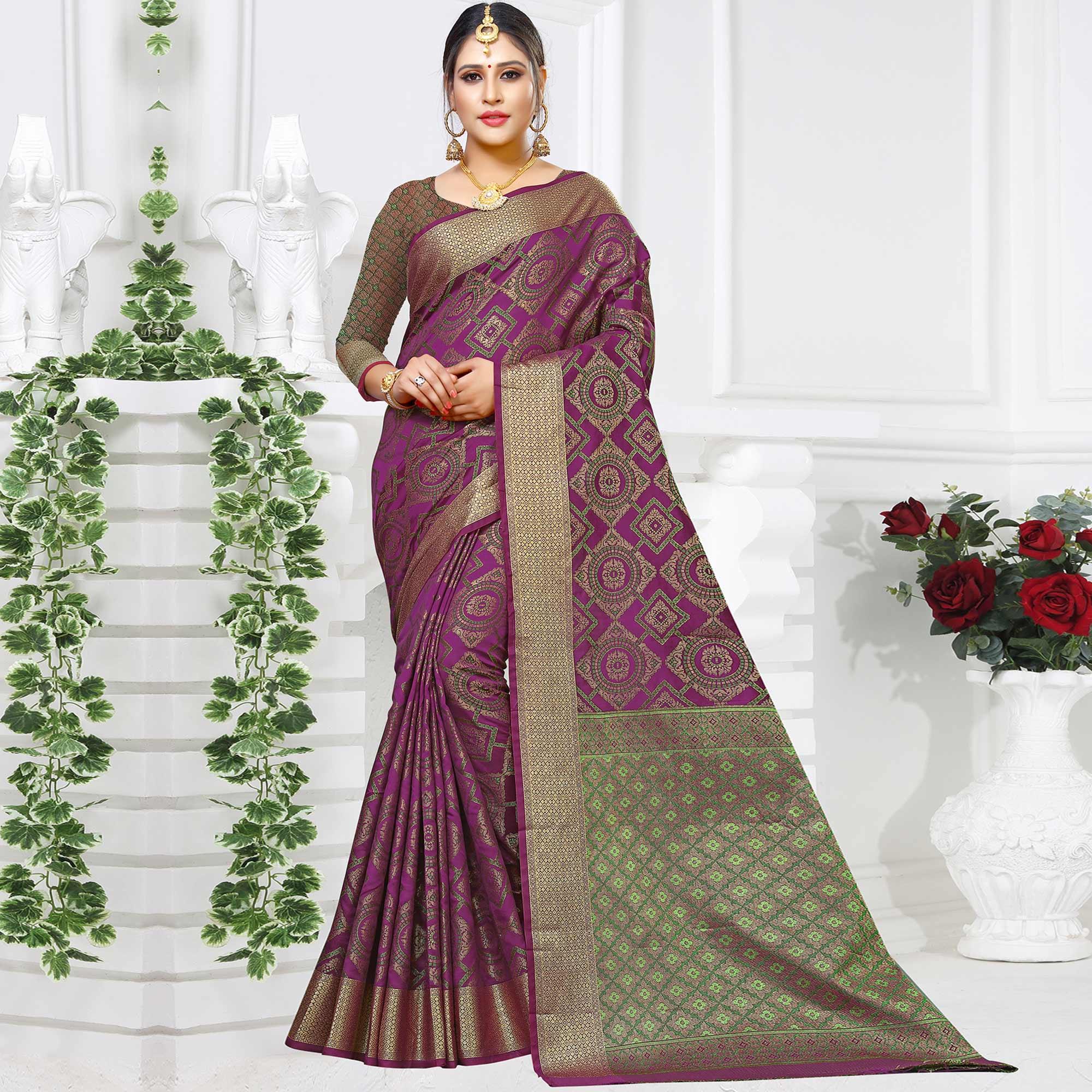 Flattering Purple Colored Festive Wear Woven Silk Saree - Peachmode