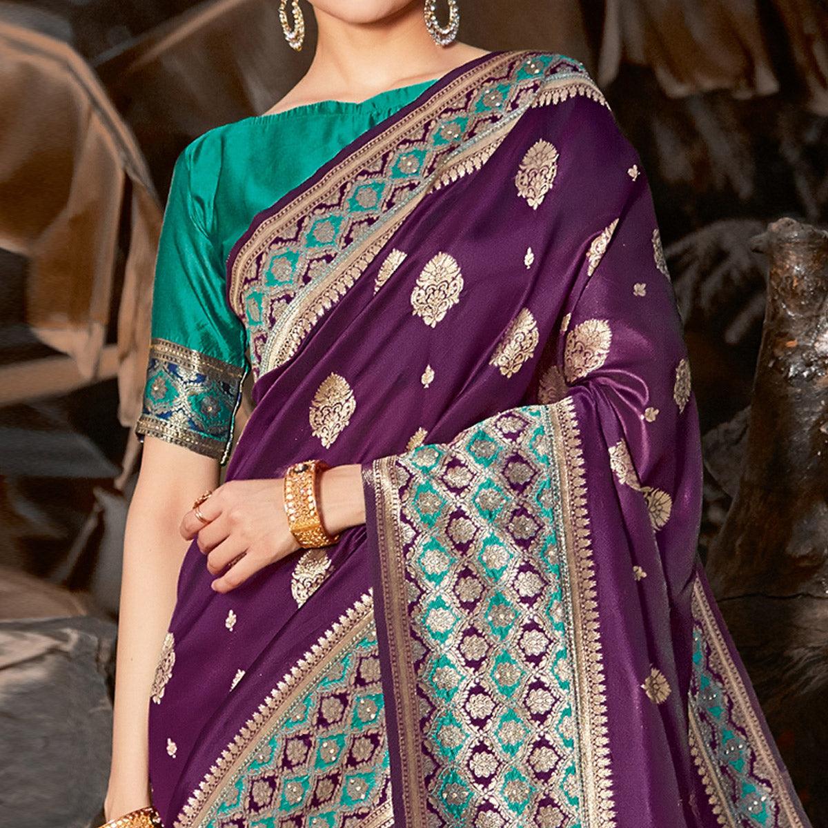 Flattering Purple Colored Festive Wear Woven Silk Saree - Peachmode