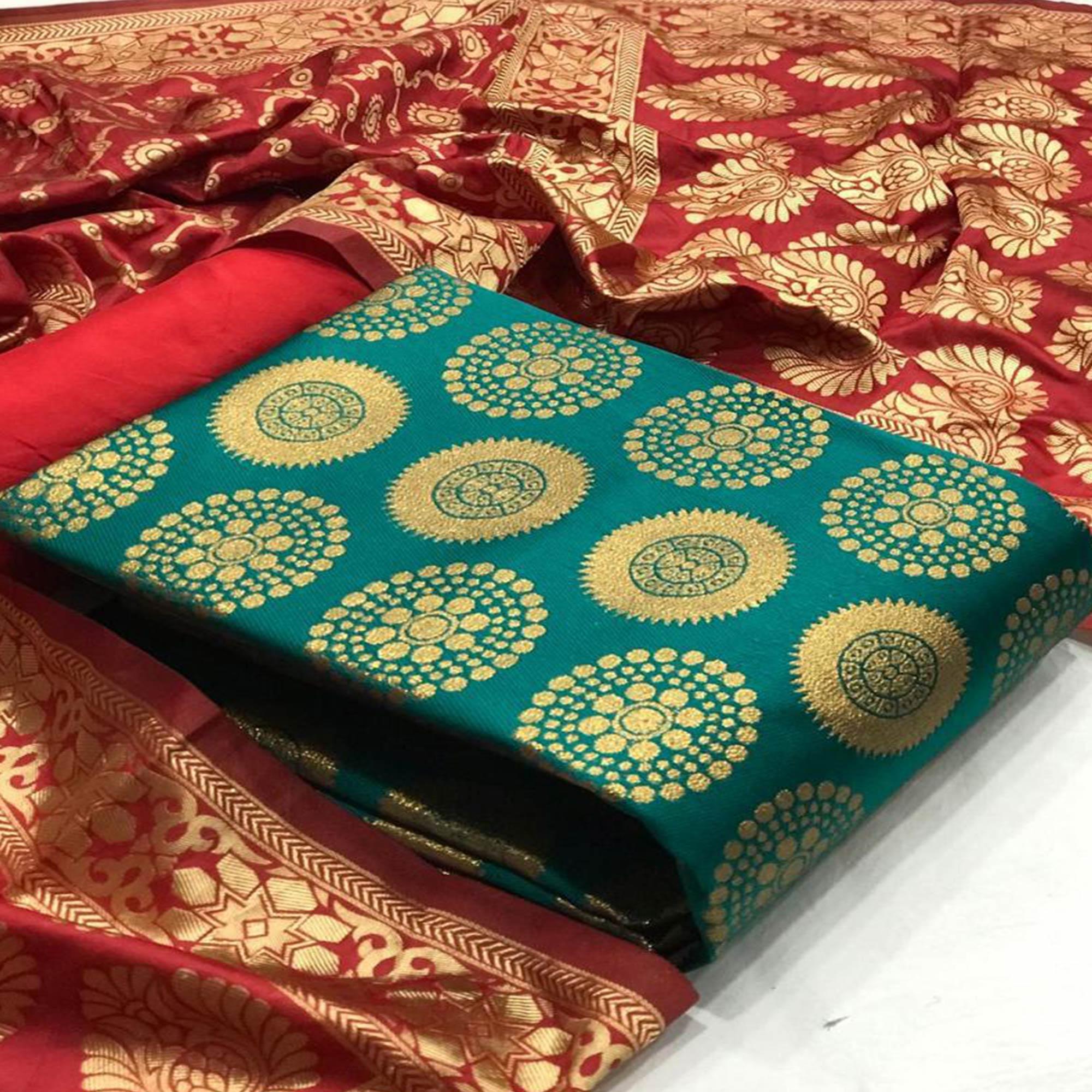 Flattering Rama Green Colored Casual Wear Woven Banarasi Silk Dress Material - Peachmode
