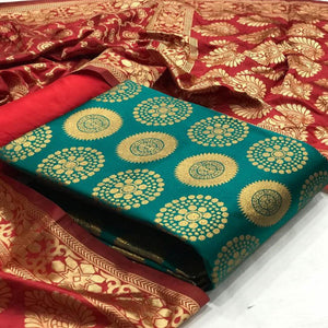 Flattering Rama Green Colored Casual Wear Woven Banarasi Silk Dress Material - Peachmode