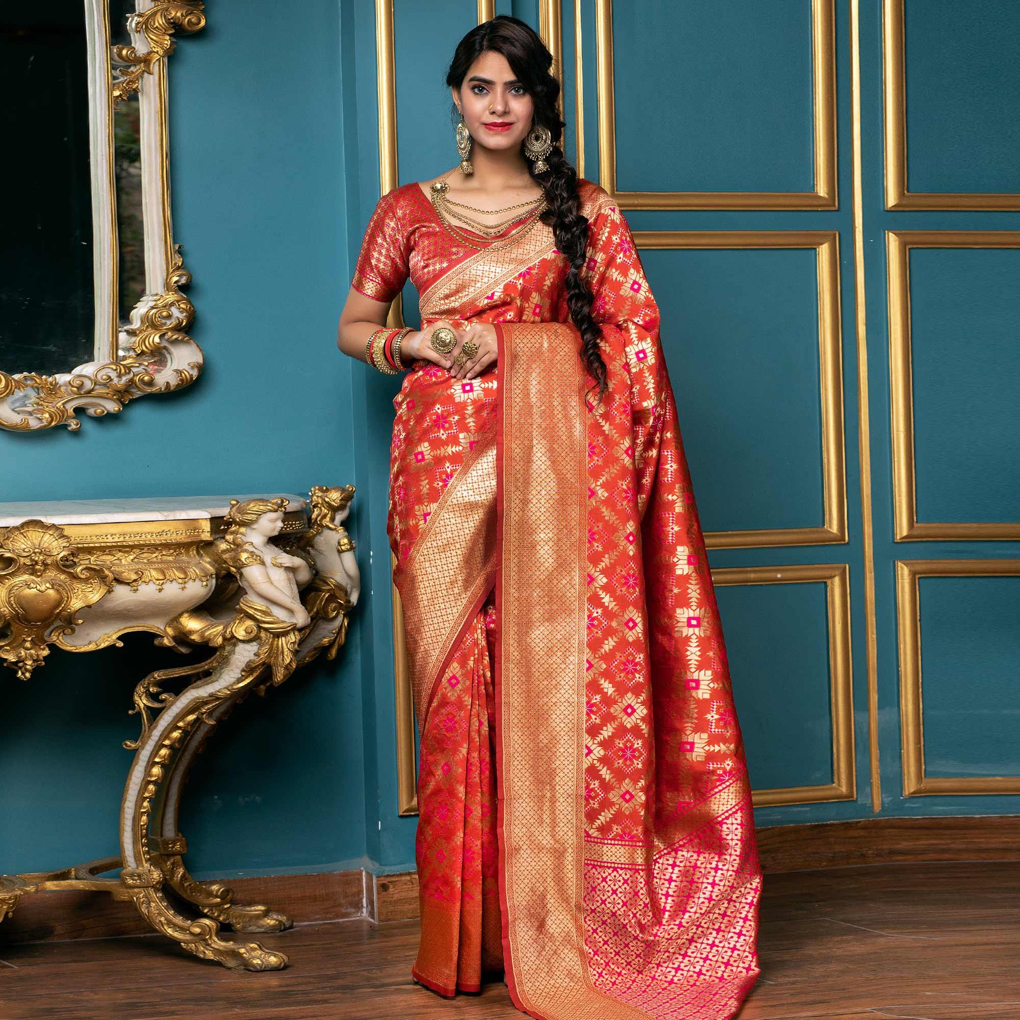 Flattering Red Colored Festive Wear Woven Banarasi Silk Saree - Peachmode