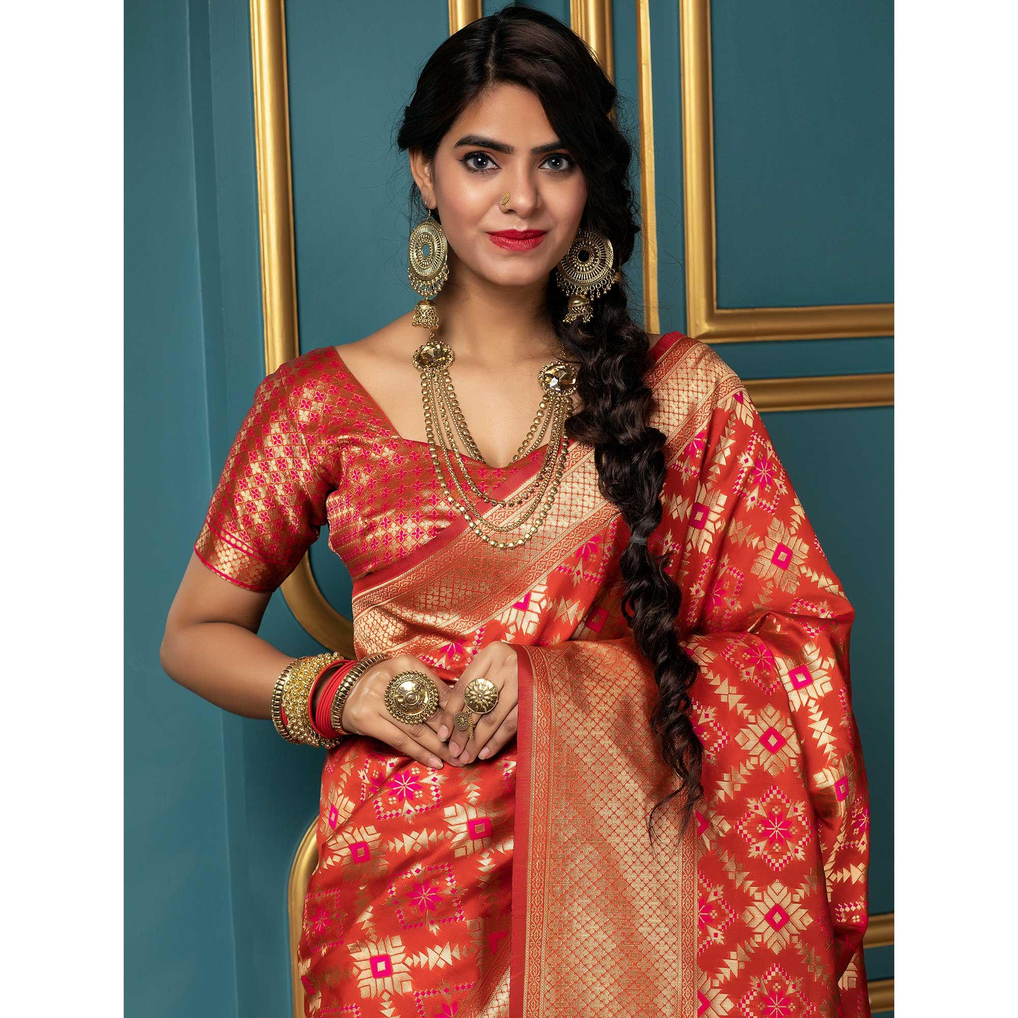 Flattering Red Colored Festive Wear Woven Banarasi Silk Saree - Peachmode