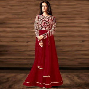 Flattering Red Colored Partywear Embroidered Georgette Anarkali Suit - Peachmode