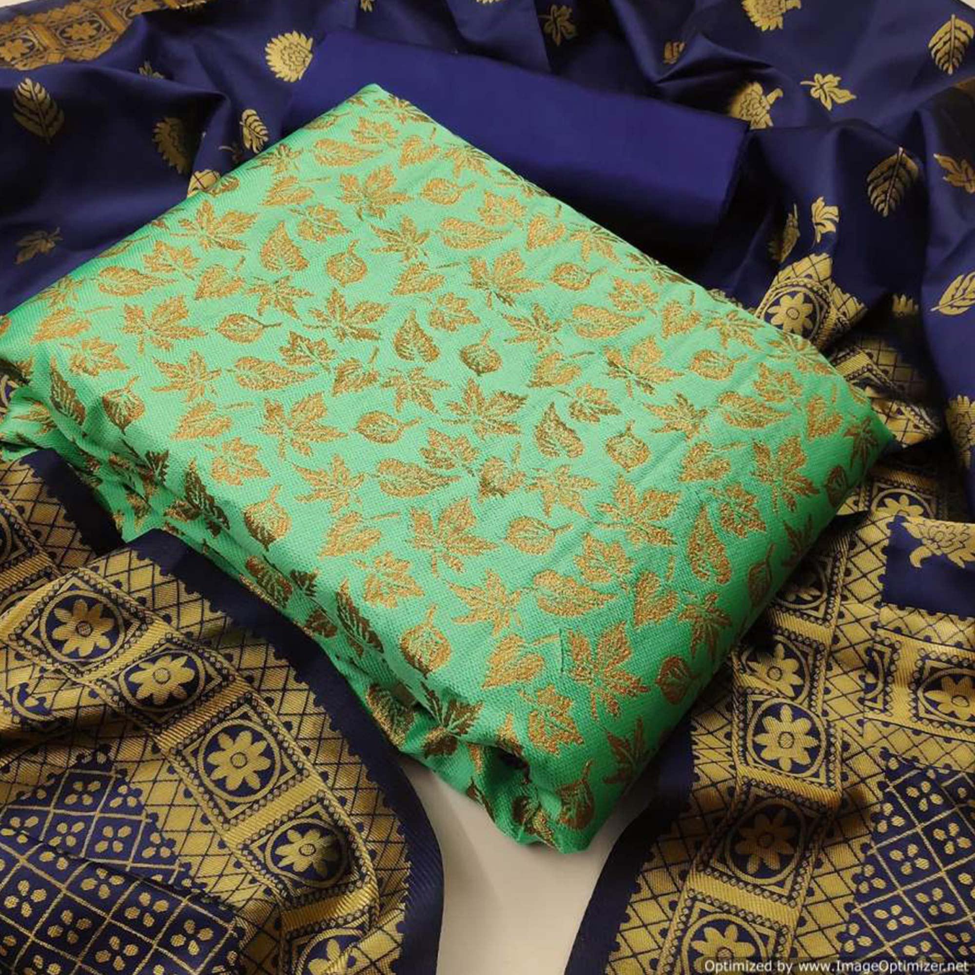 Flattering Sea Green Colored Casual Wear Banarasi Silk Dress Material - Peachmode