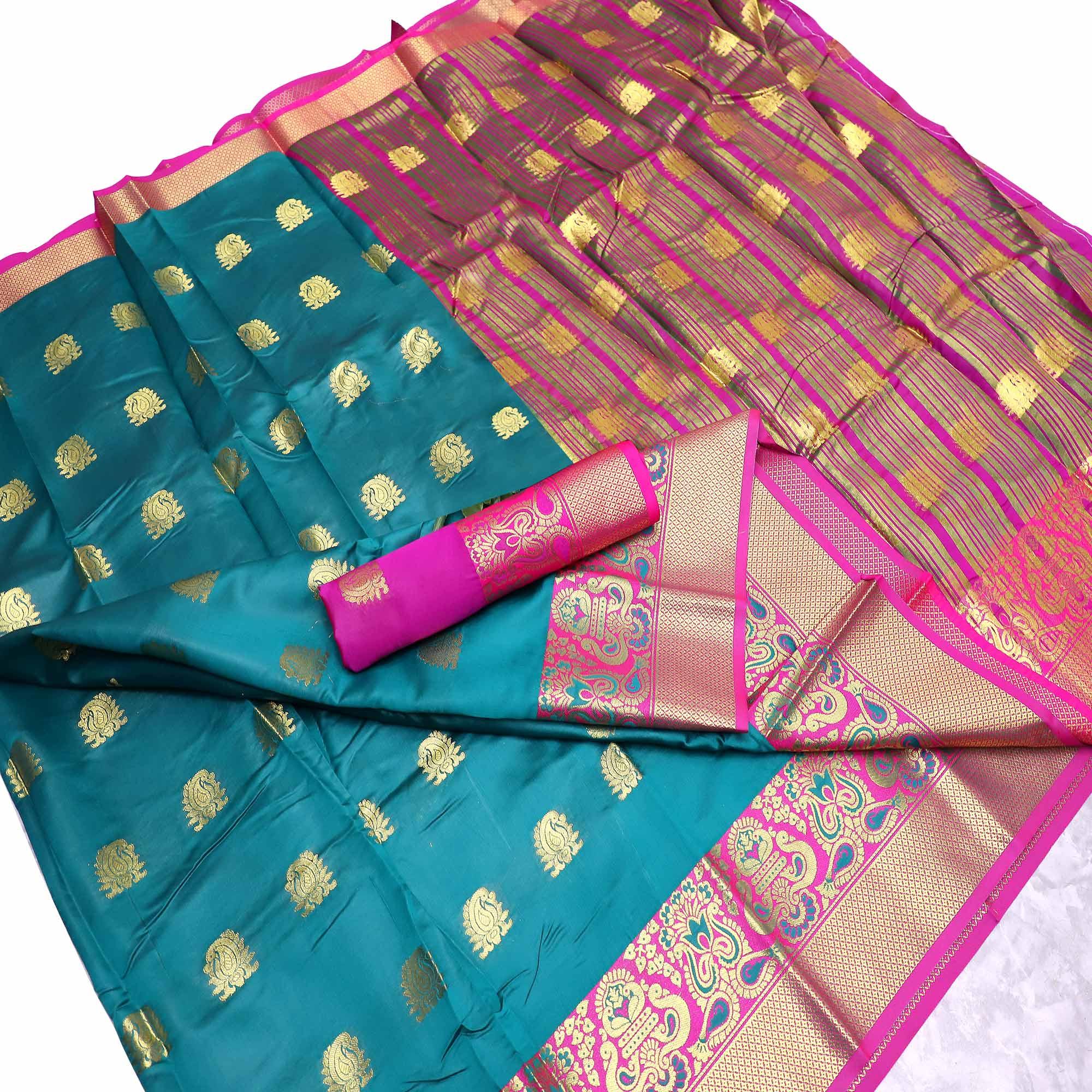 Flattering Teal Blue Colored Festive Wear Woven Litchi Banarasi Silk Saree - Peachmode